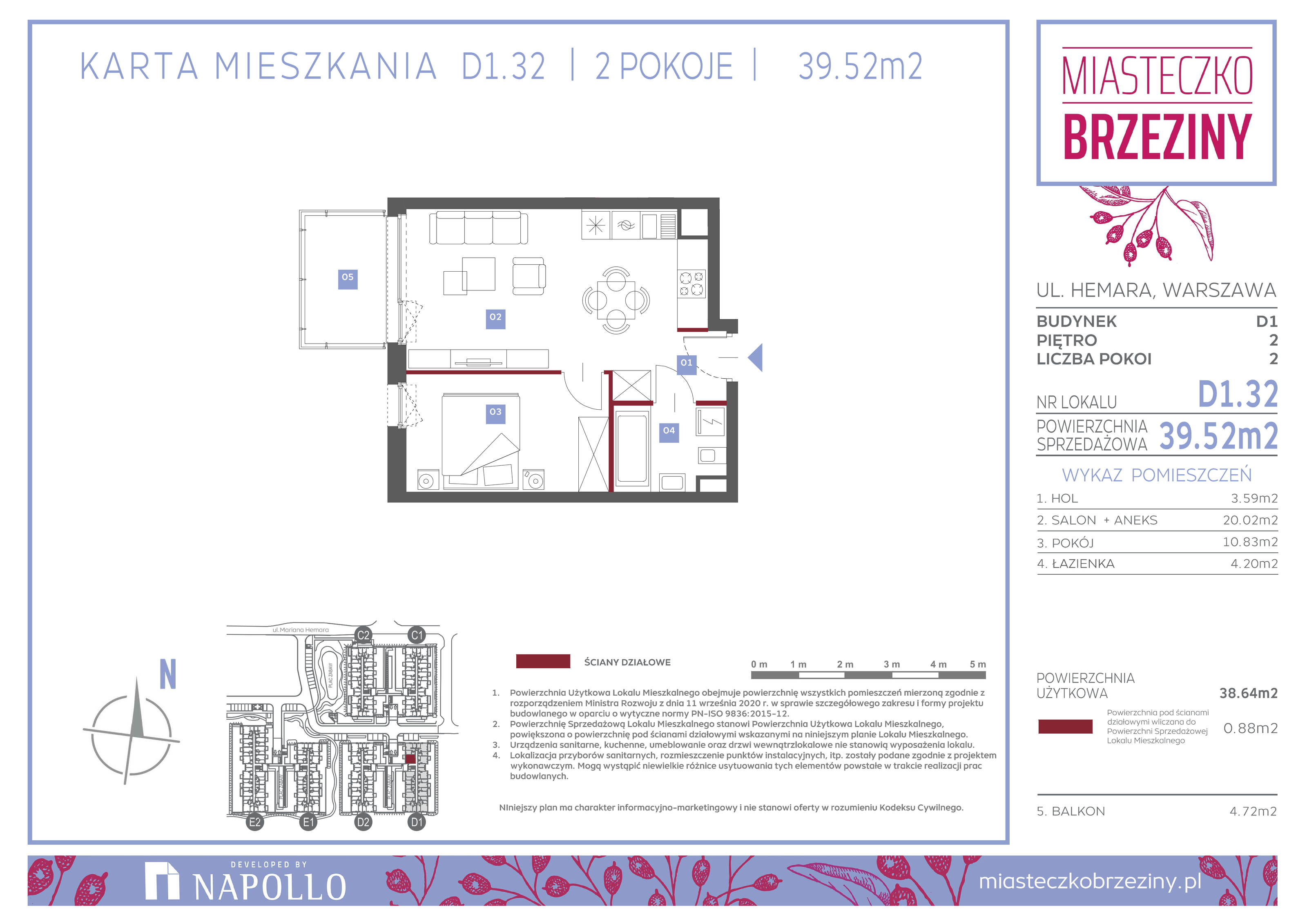 Mieszkanie 39,52 m², piętro 2, oferta nr D1.32, Miasteczko Brzeziny II, Warszawa, Białołęka, Brzeziny, ul. Hemara-idx