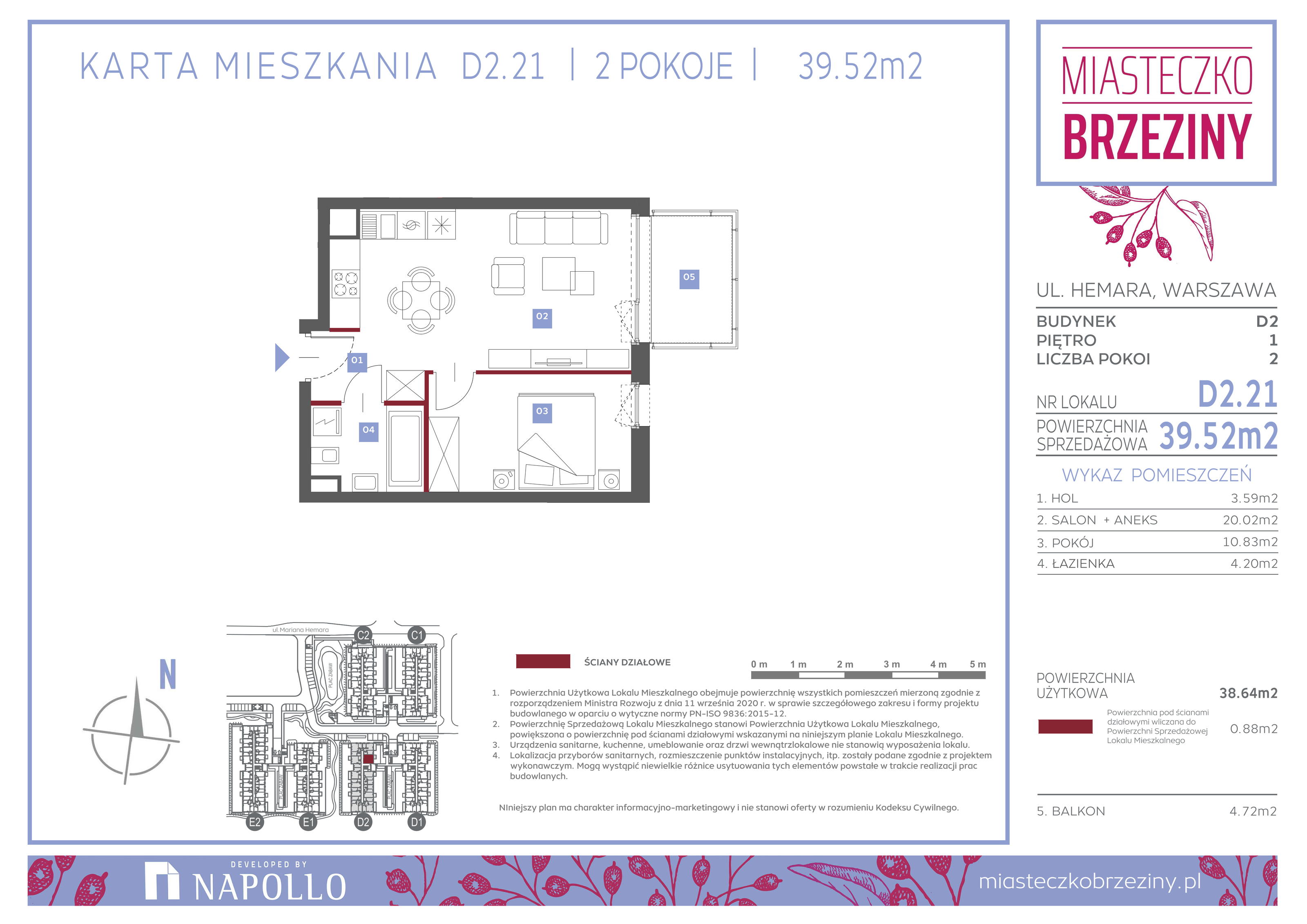 Mieszkanie 39,52 m², piętro 1, oferta nr D2.21, Miasteczko Brzeziny II, Warszawa, Białołęka, Brzeziny, ul. Hemara-idx