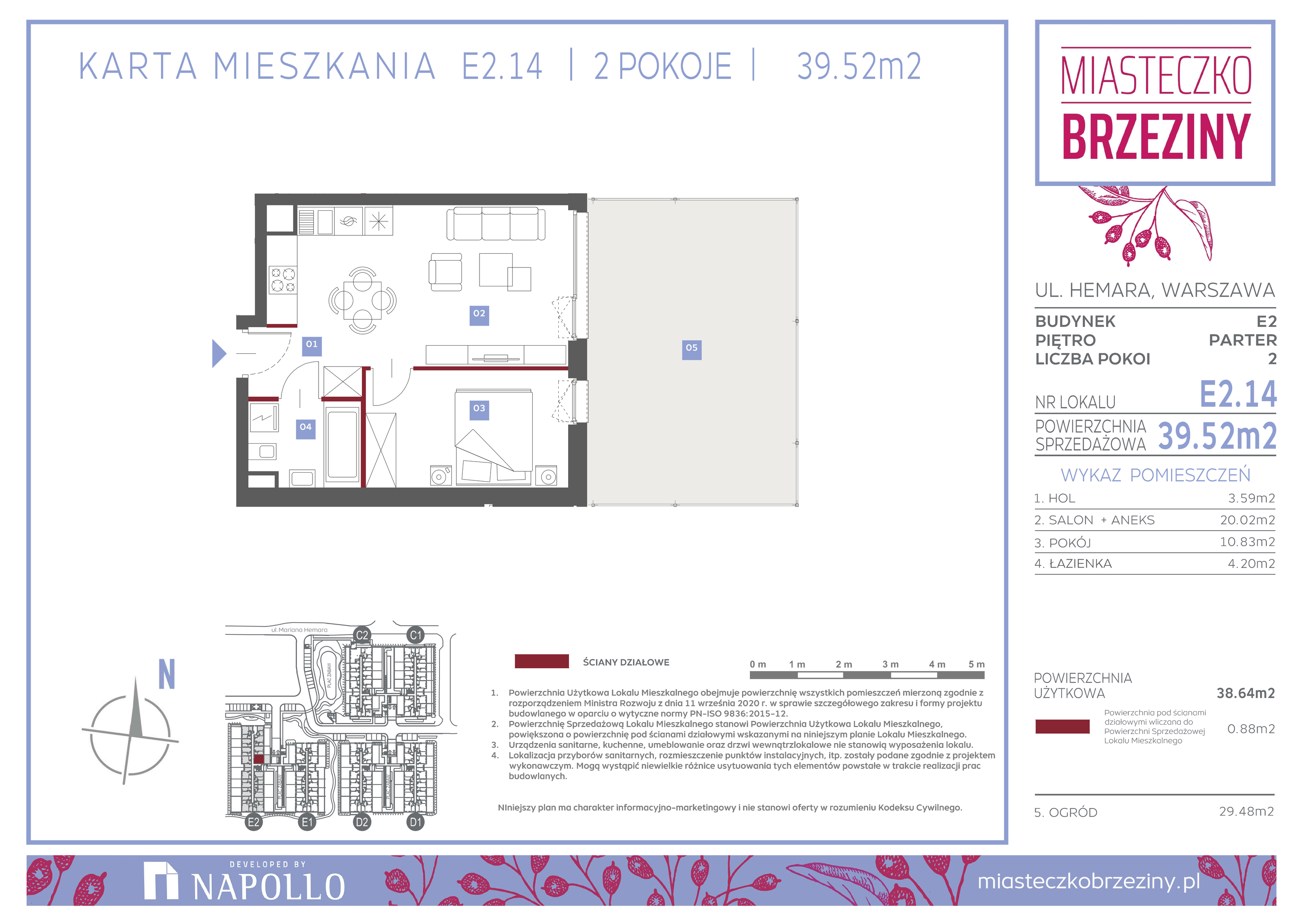 Mieszkanie 39,52 m², parter, oferta nr E2.14, Miasteczko Brzeziny II, Warszawa, Białołęka, Brzeziny, ul. Hemara-idx