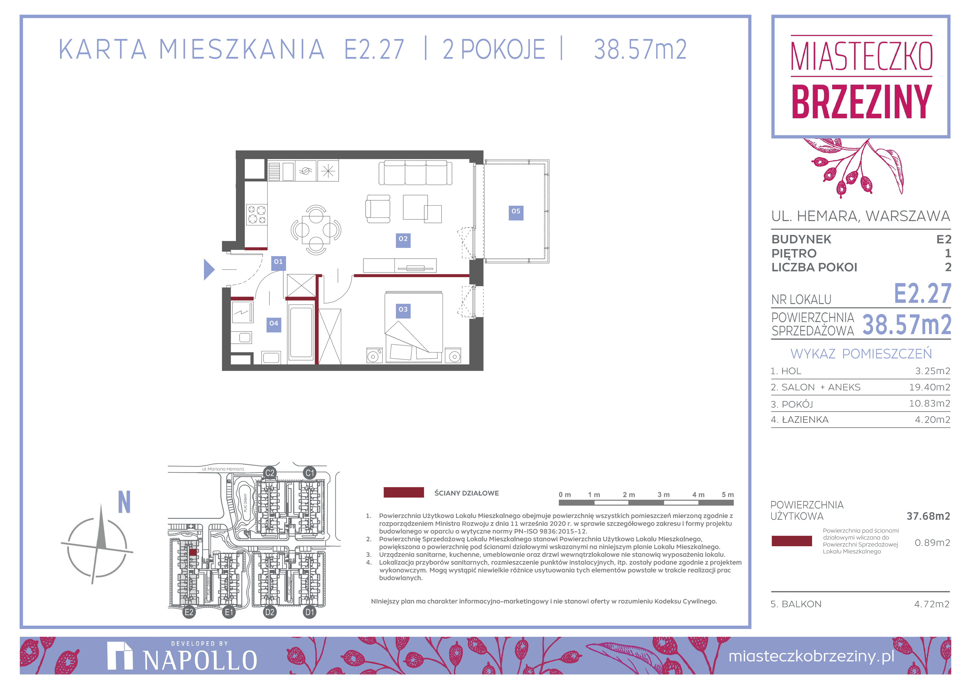 Mieszkanie 38,57 m², piętro 1, oferta nr E2.27, Miasteczko Brzeziny II, Warszawa, Białołęka, Brzeziny, ul. Hemara-idx