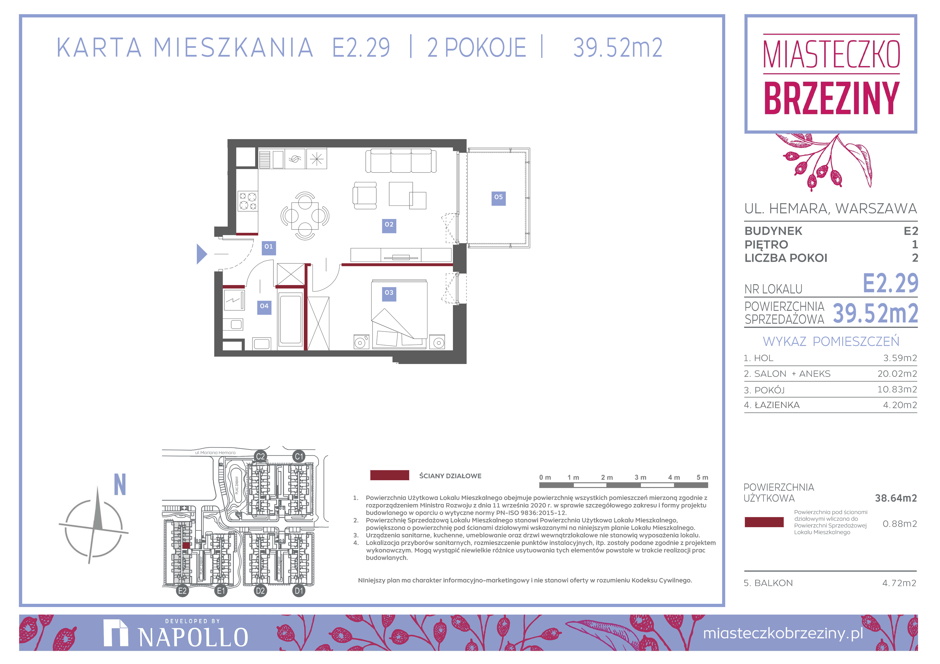 Mieszkanie 39,52 m², piętro 1, oferta nr E2.29, Miasteczko Brzeziny II, Warszawa, Białołęka, Brzeziny, ul. Hemara-idx