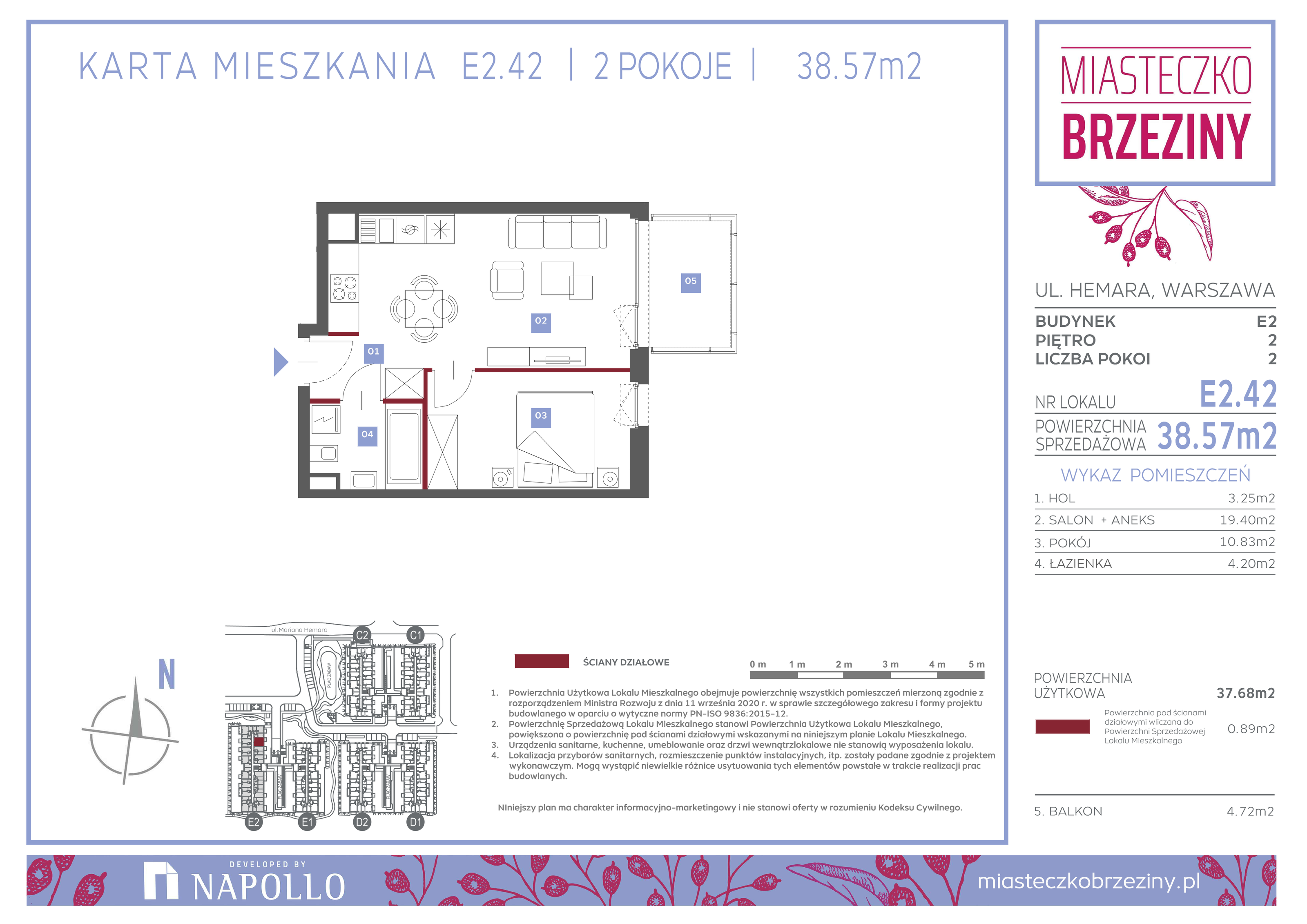 Mieszkanie 38,57 m², piętro 2, oferta nr E2.42, Miasteczko Brzeziny II, Warszawa, Białołęka, Brzeziny, ul. Hemara-idx