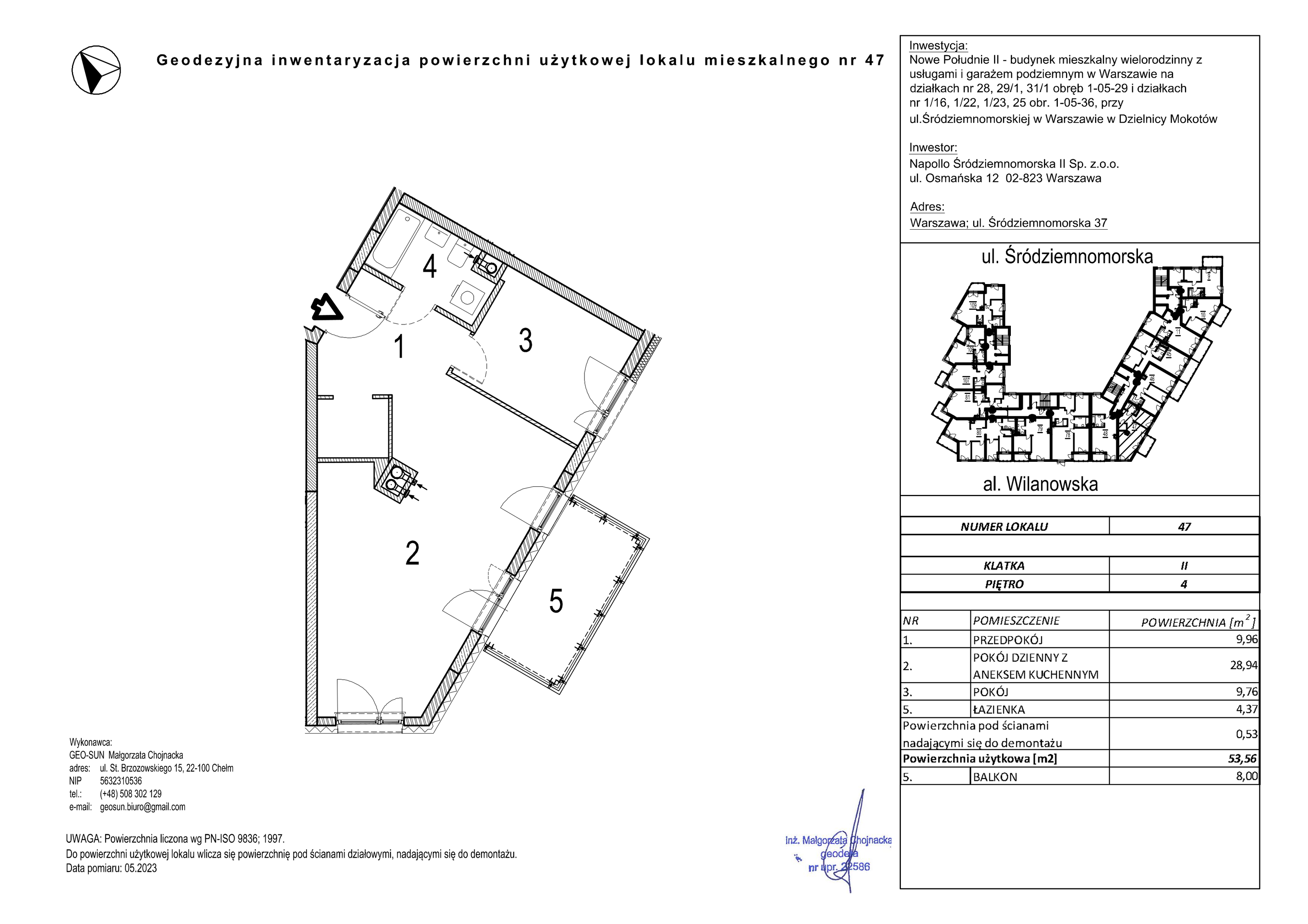 Mieszkanie 53,56 m², piętro 4, oferta nr 47, Nowe Południe II, Warszawa, Mokotów, Stegny, ul. Śródziemnomorska 37-idx