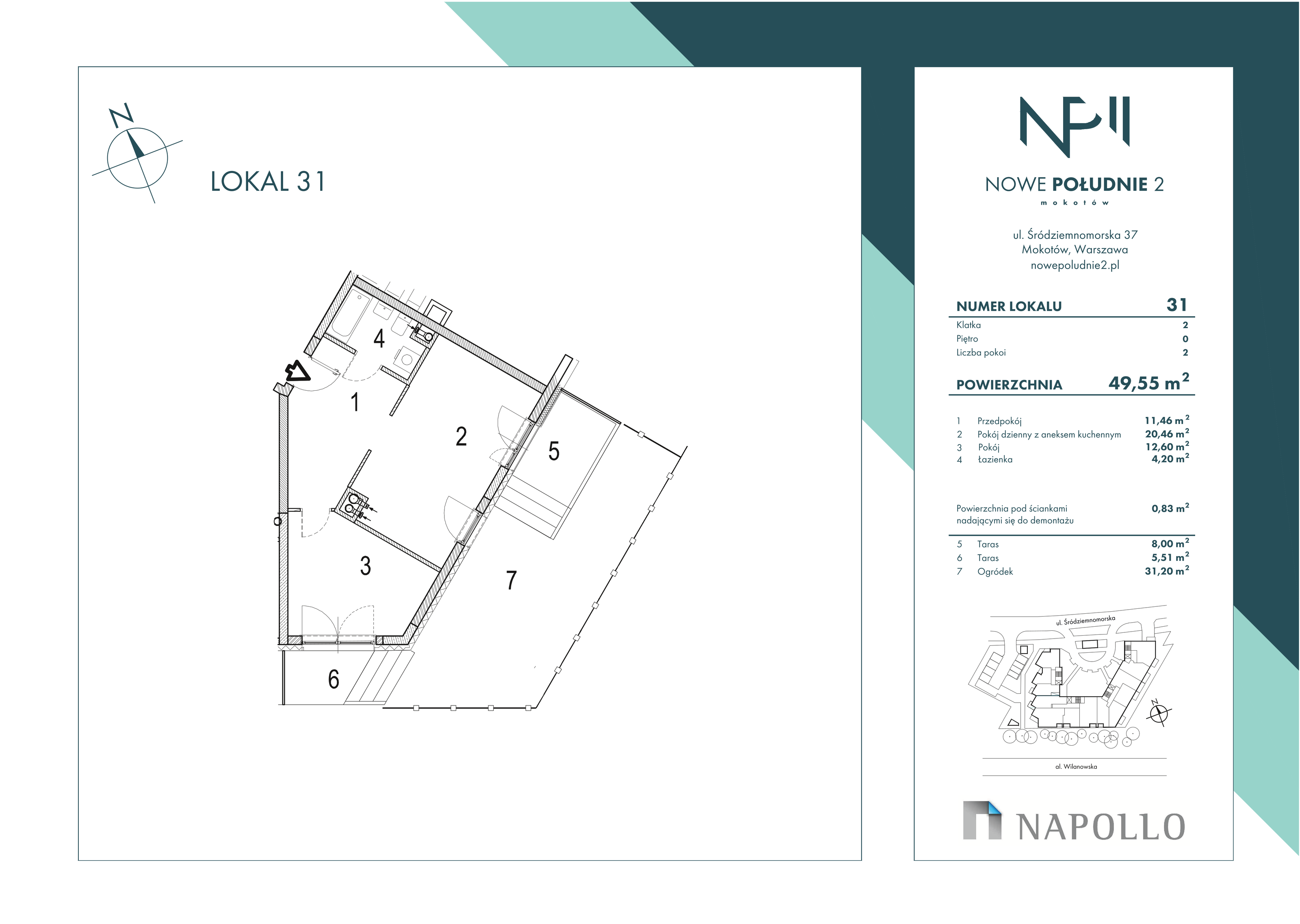 Mieszkanie 49,55 m², parter, oferta nr 31, Nowe Południe II, Warszawa, Mokotów, Stegny, ul. Śródziemnomorska 37-idx