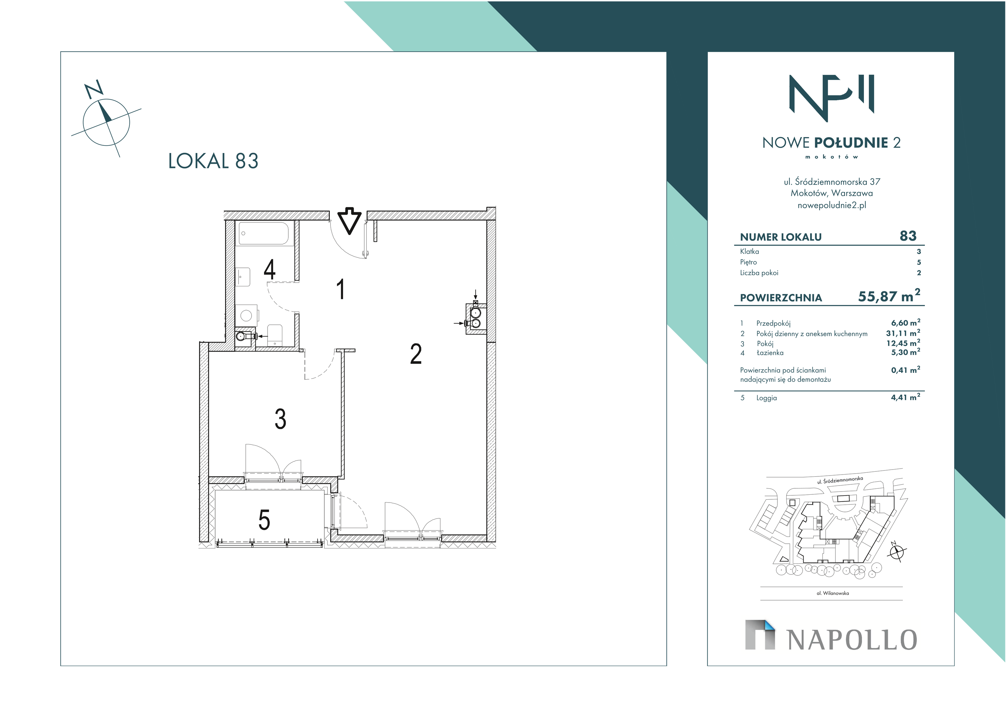 Mieszkanie 55,87 m², piętro 5, oferta nr 83, Nowe Południe II, Warszawa, Mokotów, Stegny, ul. Śródziemnomorska 37-idx