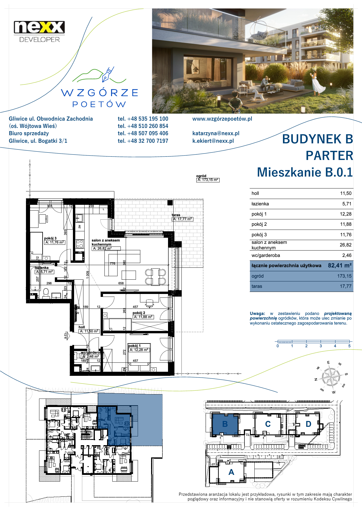 Mieszkanie 82,41 m², parter, oferta nr B.0.1, Wzgórze Poetów, Gliwice, Wójtowa Wieś, ul. T. Mazowieckiego-idx