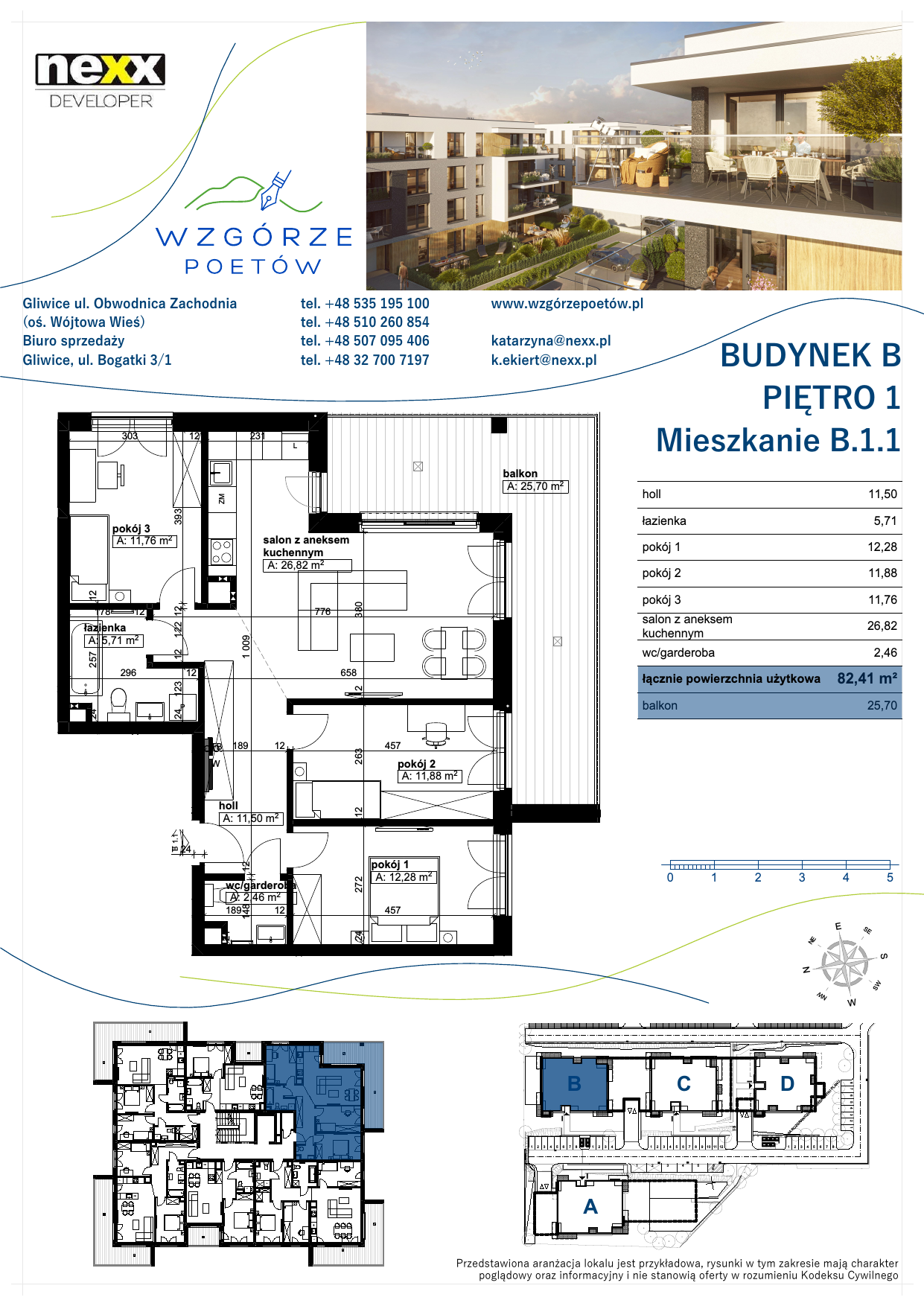 Mieszkanie 82,41 m², piętro 1, oferta nr B.1.1, Wzgórze Poetów, Gliwice, Wójtowa Wieś, ul. T. Mazowieckiego-idx