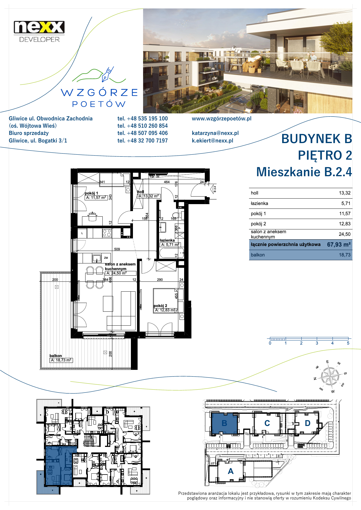 Mieszkanie 67,93 m², piętro 2, oferta nr B.2.4, Wzgórze Poetów, Gliwice, Wójtowa Wieś, ul. T. Mazowieckiego-idx