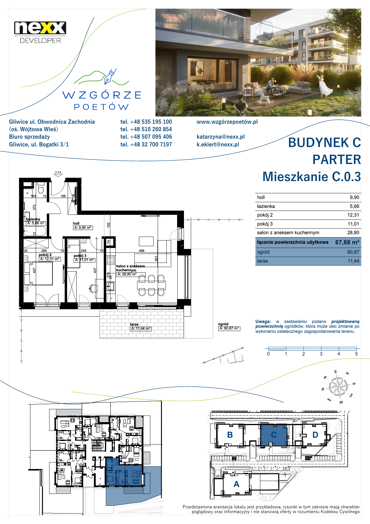 Mieszkanie 67,68 m², parter, oferta nr C.0.3, Wzgórze Poetów, Gliwice, Wójtowa Wieś, ul. T. Mazowieckiego-idx