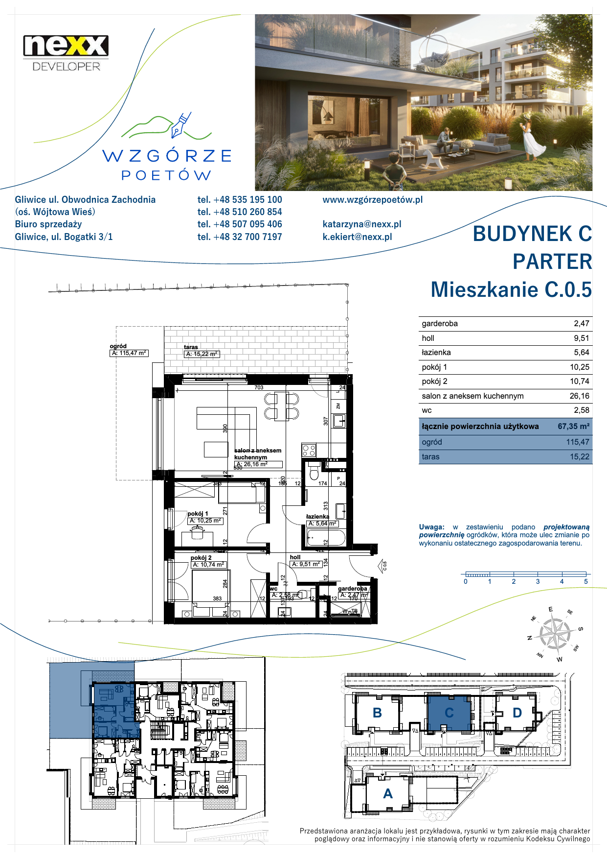 Mieszkanie 67,35 m², parter, oferta nr C.0.5, Wzgórze Poetów, Gliwice, Wójtowa Wieś, ul. T. Mazowieckiego-idx