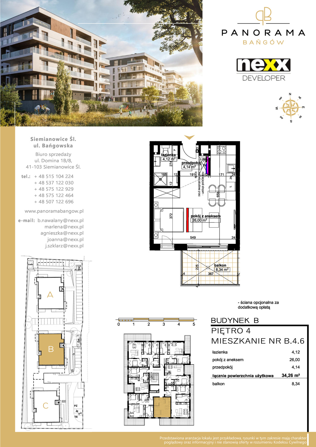 Mieszkanie 34,30 m², piętro 4, oferta nr B 4.6, Panorama Bańgów, Siemianowice Śląskie, Bańgów, ul. Bańgowska-idx