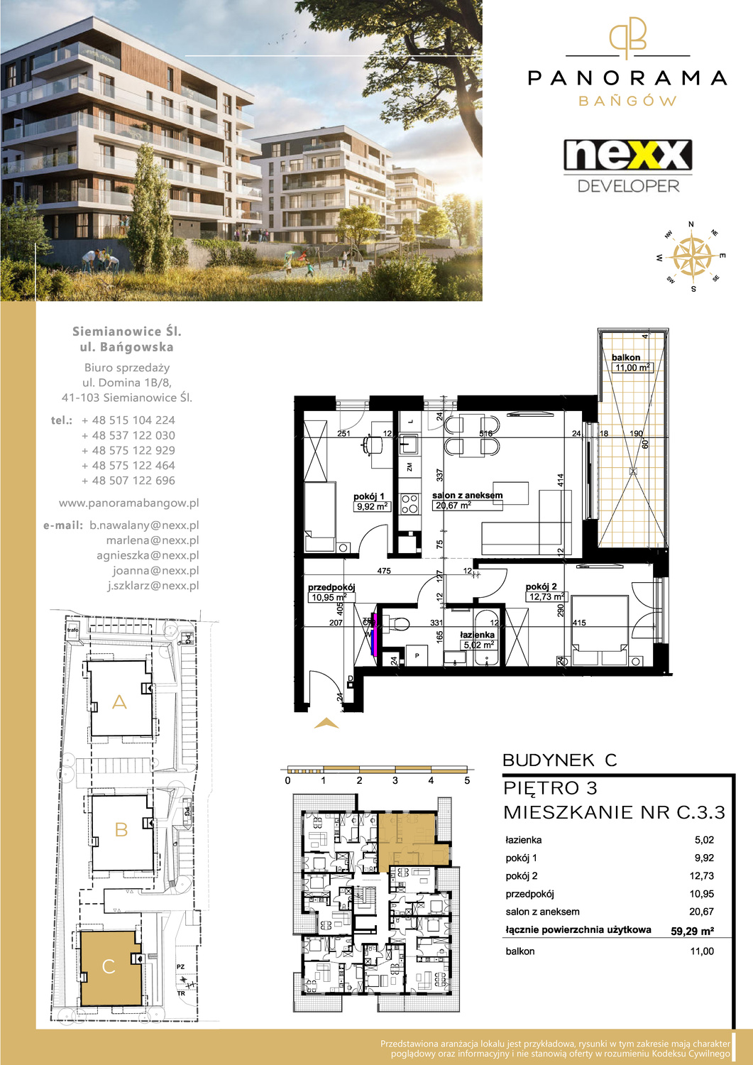 Mieszkanie 59,29 m², piętro 3, oferta nr C 3.3, Panorama Bańgów, Siemianowice Śląskie, Bańgów, ul. Bańgowska-idx