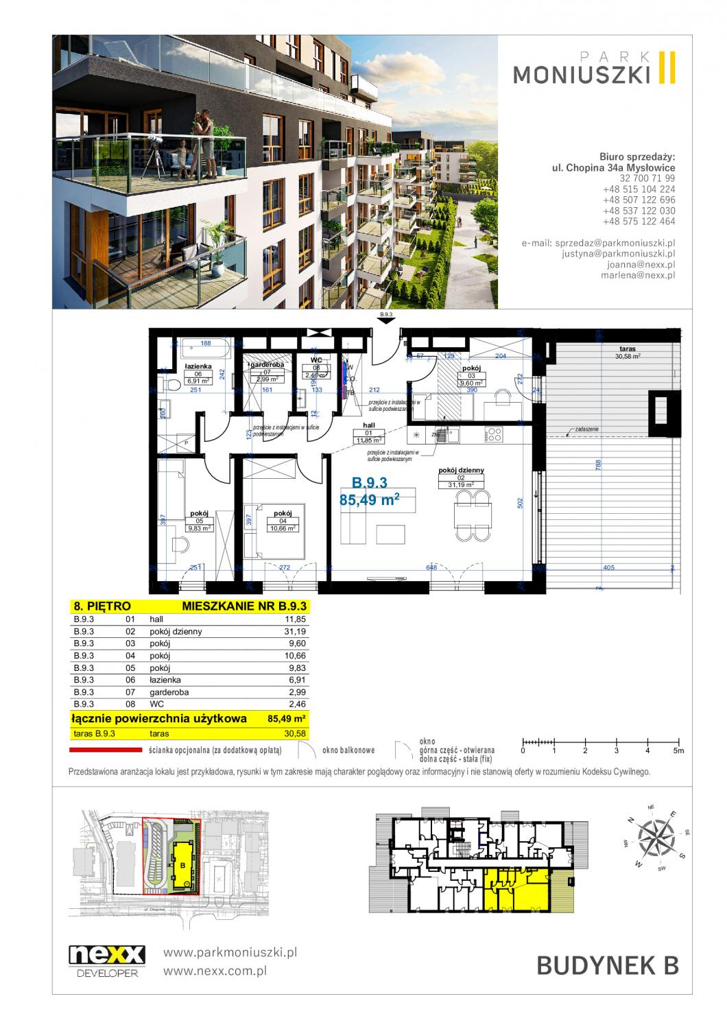 Mieszkanie 85,49 m², piętro 8, oferta nr B 9.3, Park Moniuszki II - bud. B, Mysłowice, ul. Moniuszki / Chopina-idx