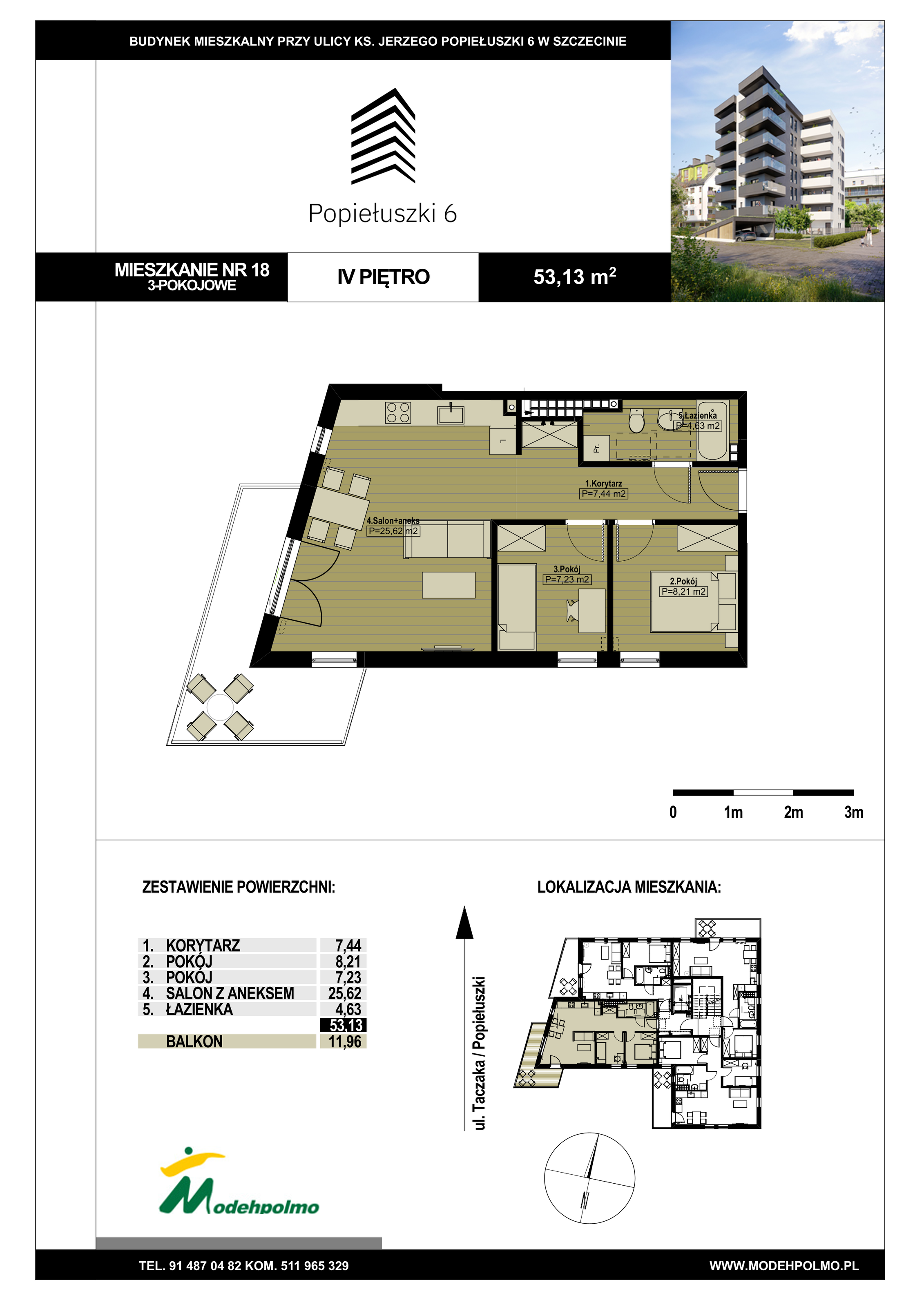 Mieszkanie 53,13 m², piętro 4, oferta nr 18, Popiełuszki, Szczecin, Zachód, Pogodno, ul. Popiełuszki 6-idx