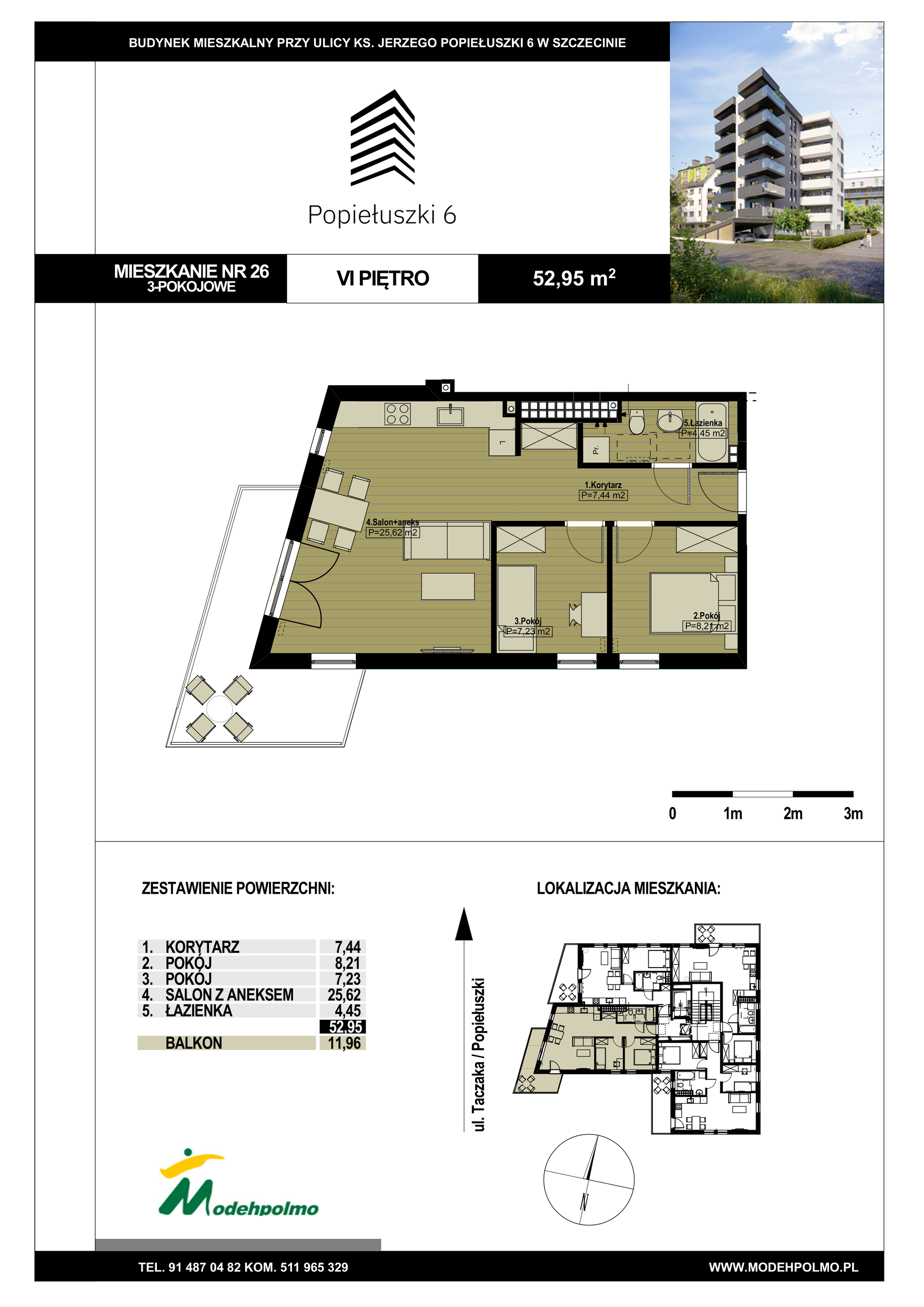 Mieszkanie 52,95 m², piętro 6, oferta nr 26, Popiełuszki, Szczecin, Zachód, Pogodno, ul. Popiełuszki 6-idx