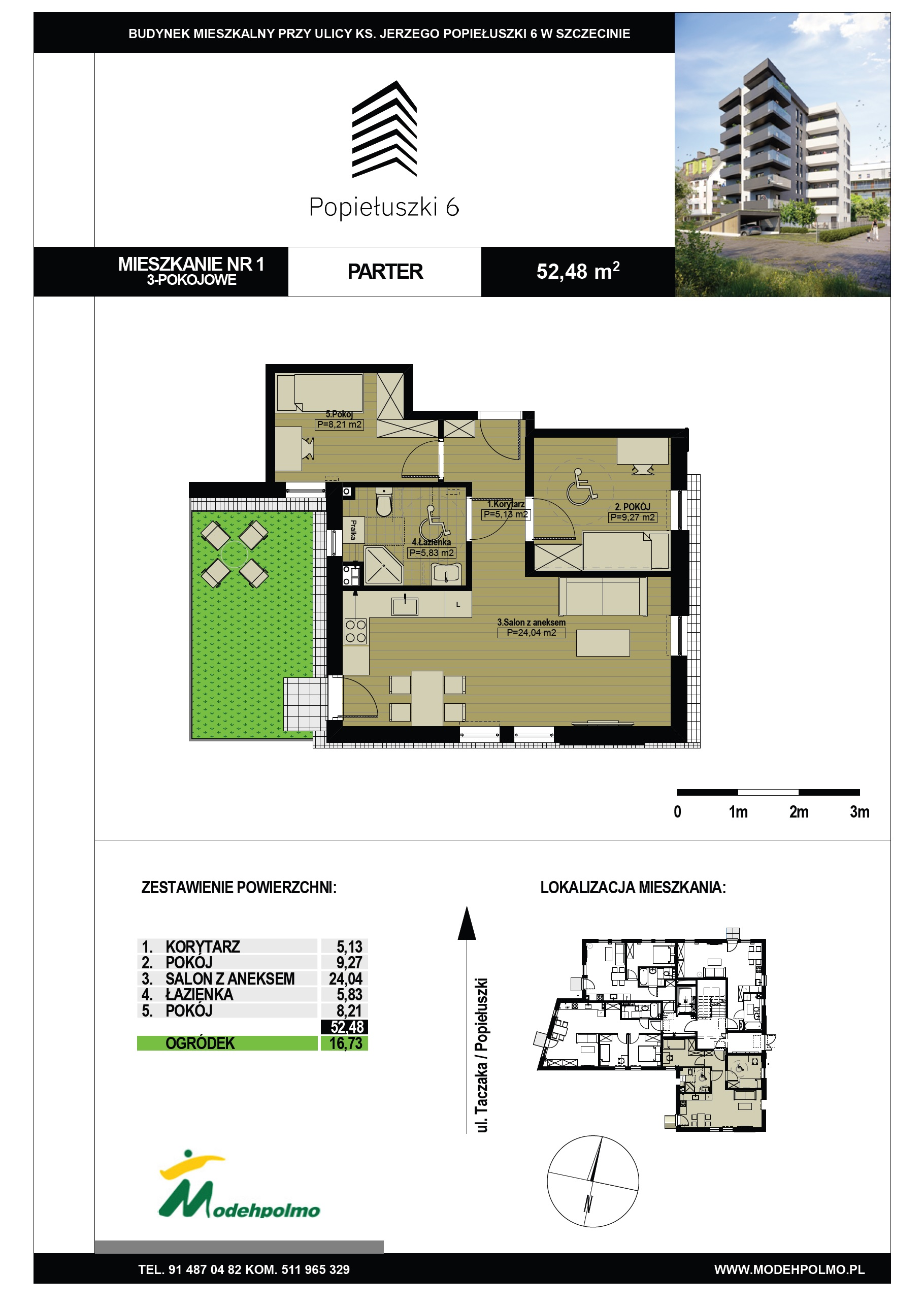 Mieszkanie 52,48 m², parter, oferta nr 1, Popiełuszki, Szczecin, Zachód, Pogodno, ul. Popiełuszki 6-idx