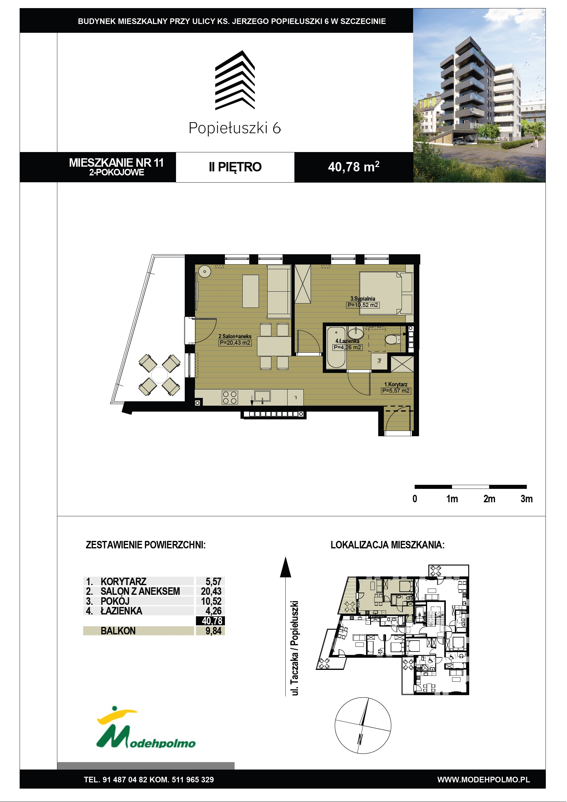 Mieszkanie 40,78 m², piętro 2, oferta nr 11, Popiełuszki, Szczecin, Zachód, Pogodno, ul. Popiełuszki 6-idx