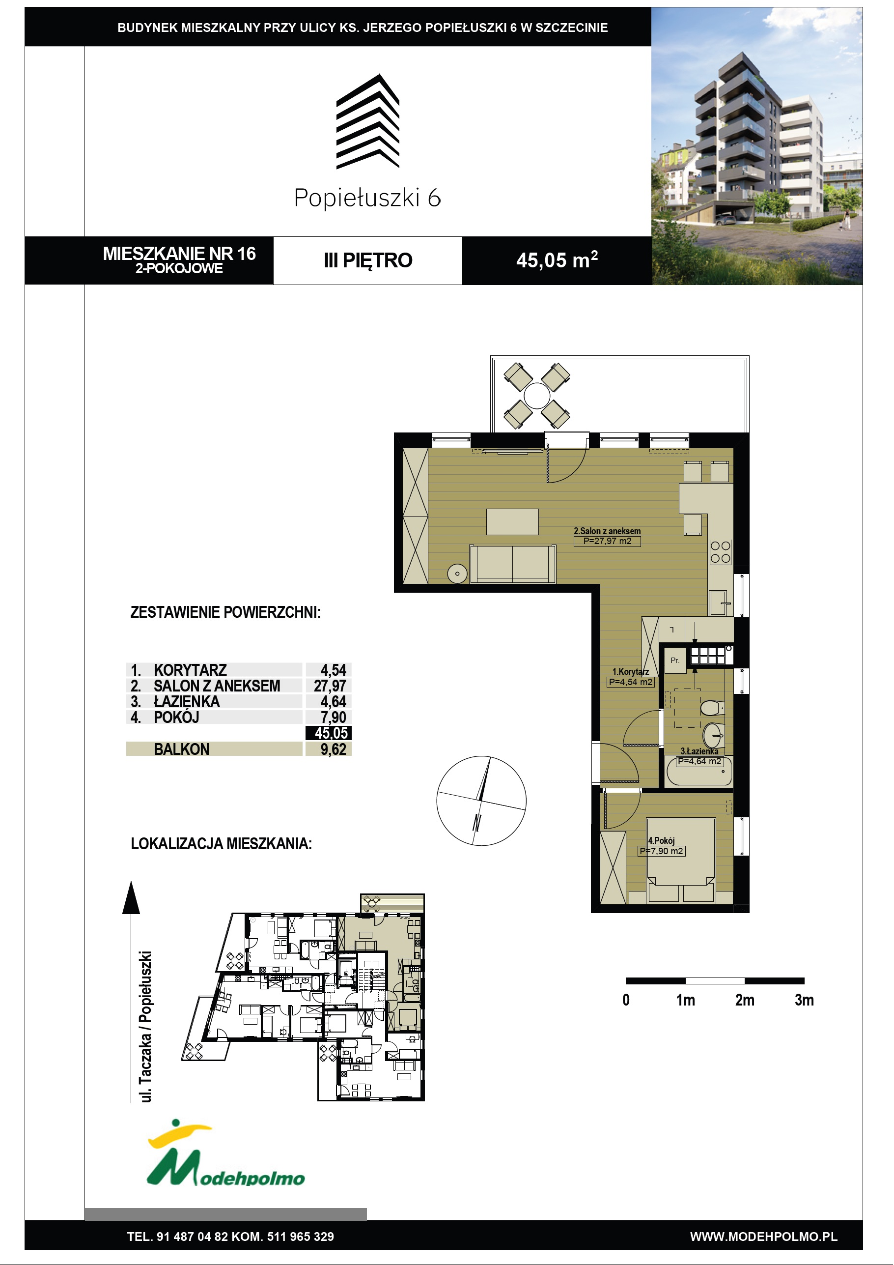 Mieszkanie 45,05 m², piętro 3, oferta nr 16, Popiełuszki, Szczecin, Zachód, Pogodno, ul. Popiełuszki 6-idx