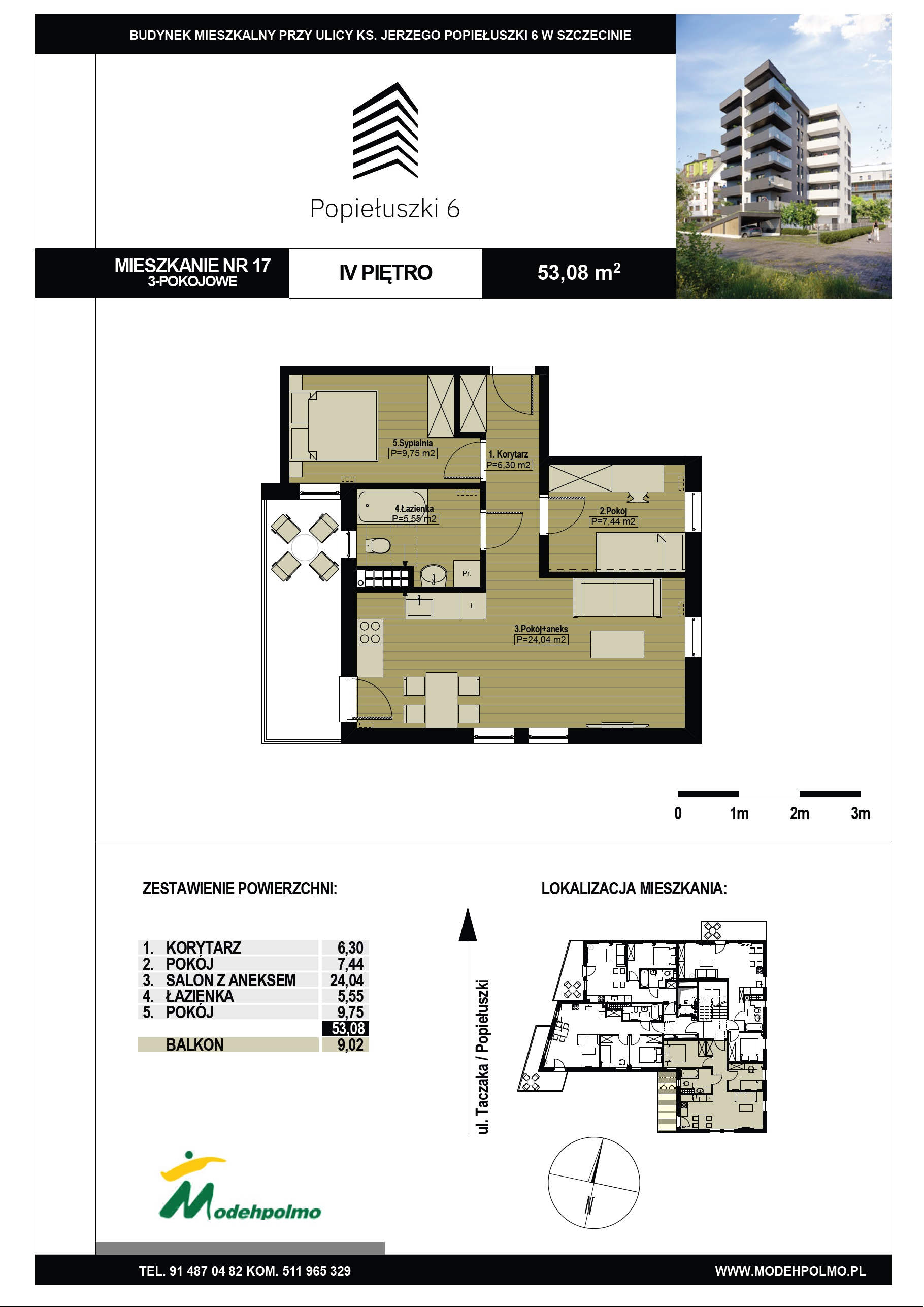 Mieszkanie 53,08 m², piętro 4, oferta nr 17, Popiełuszki, Szczecin, Zachód, Pogodno, ul. Popiełuszki 6-idx