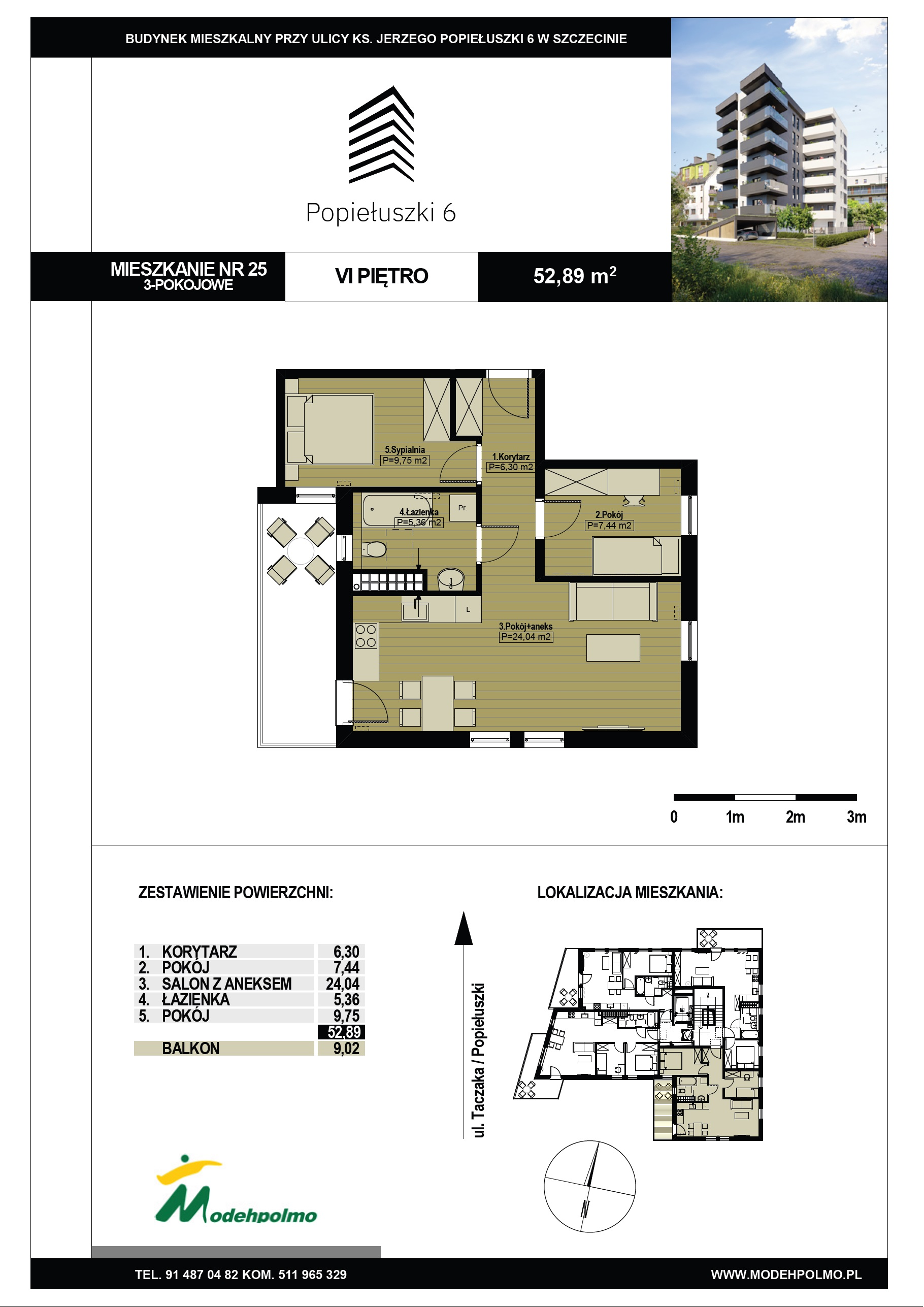 Mieszkanie 52,89 m², piętro 6, oferta nr 25, Popiełuszki, Szczecin, Zachód, Pogodno, ul. Popiełuszki 6-idx