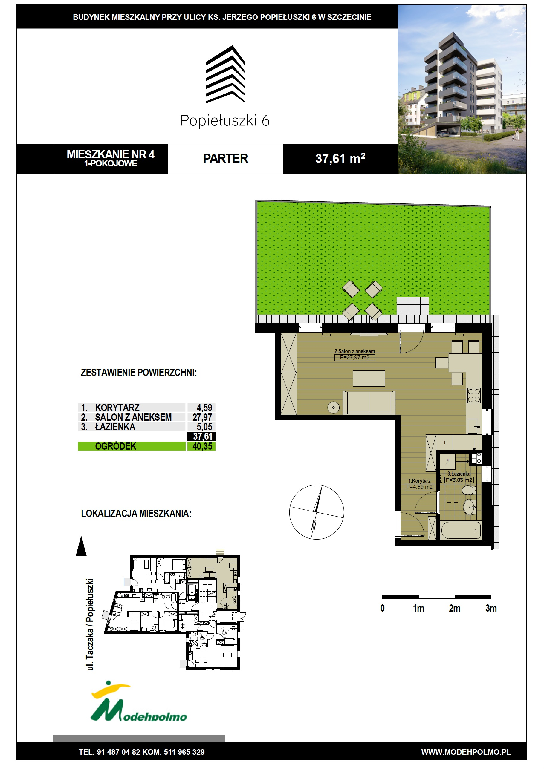 Mieszkanie 37,61 m², parter, oferta nr 4, Popiełuszki, Szczecin, Zachód, Pogodno, ul. Popiełuszki 6-idx