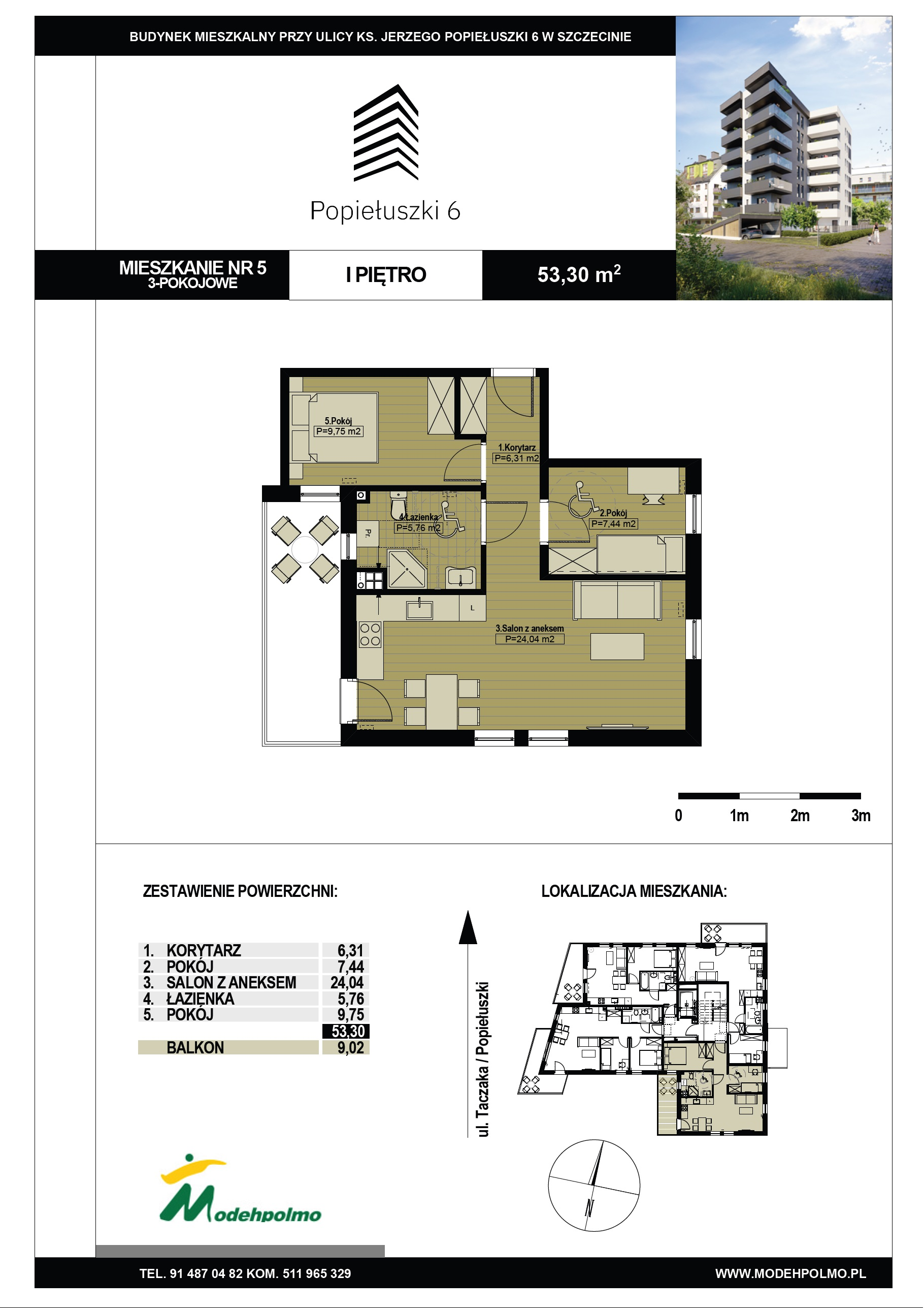 Mieszkanie 53,30 m², piętro 1, oferta nr 5, Popiełuszki, Szczecin, Zachód, Pogodno, ul. Popiełuszki 6-idx