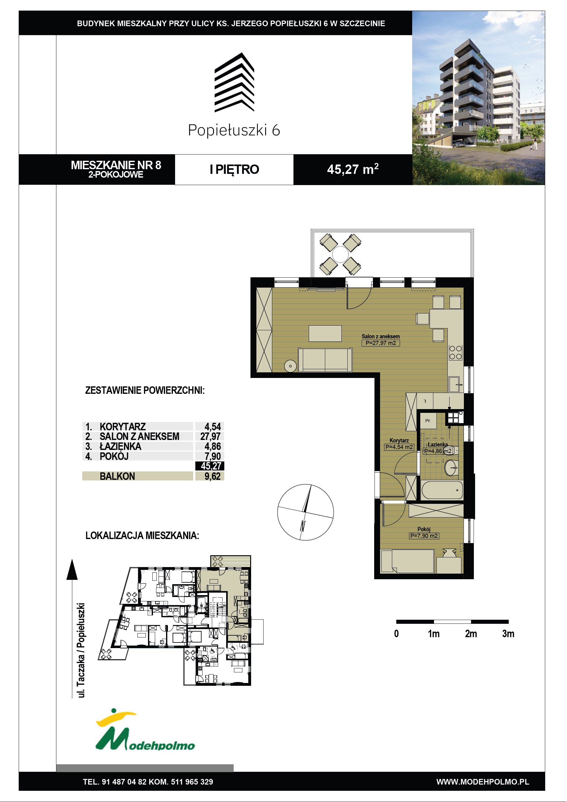 Mieszkanie 45,27 m², piętro 1, oferta nr 8, Popiełuszki, Szczecin, Zachód, Pogodno, ul. Popiełuszki 6-idx