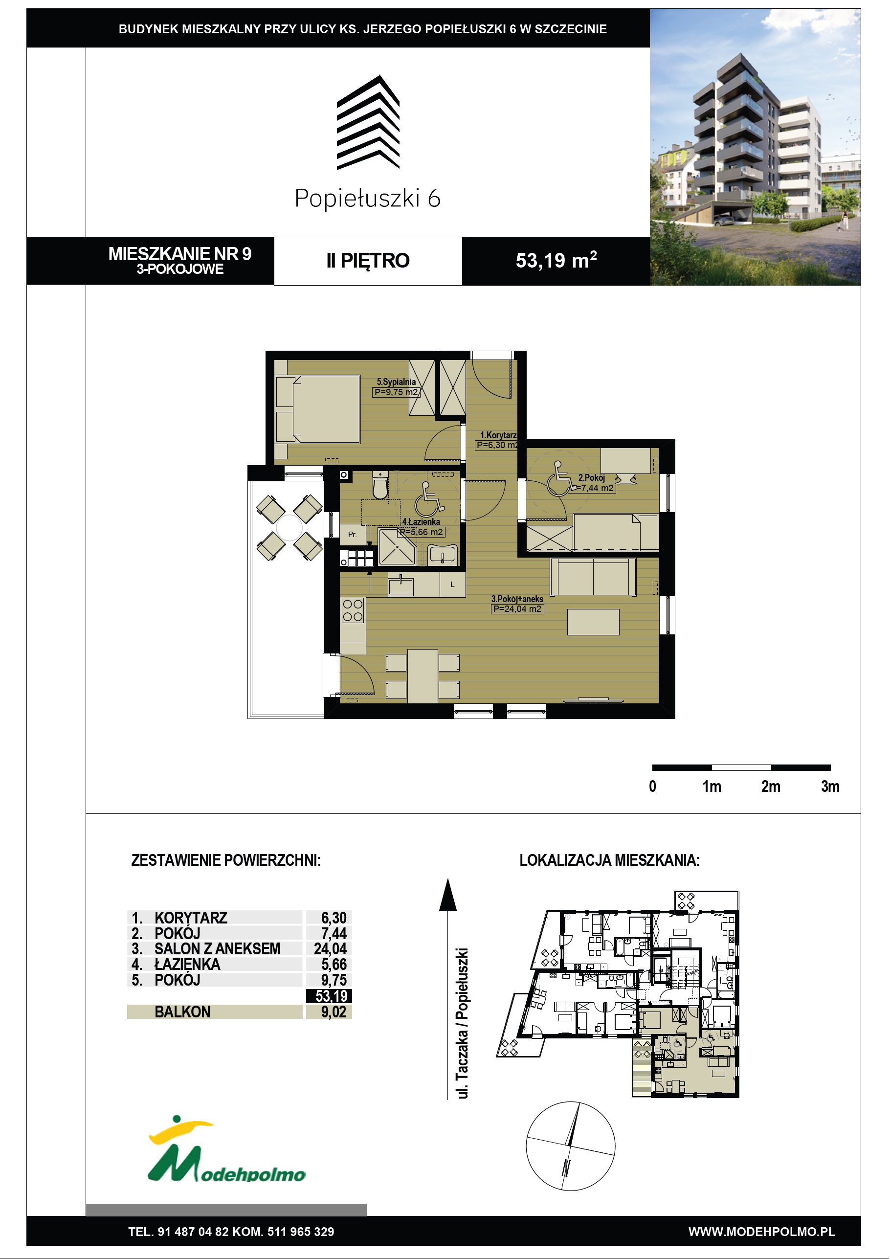 Mieszkanie 53,19 m², piętro 2, oferta nr 9, Popiełuszki, Szczecin, Zachód, Pogodno, ul. Popiełuszki 6-idx