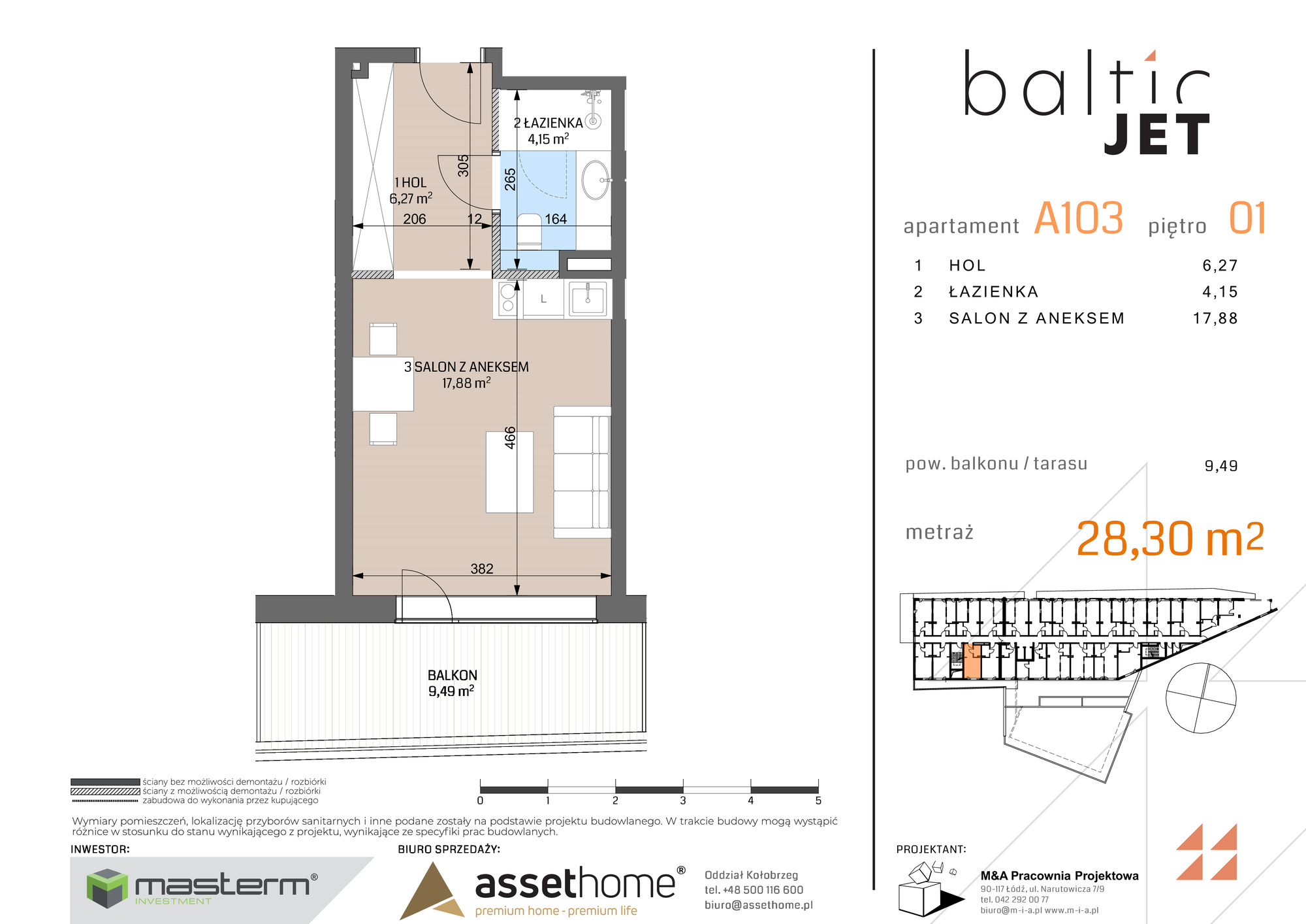 Apartament 28,30 m², piętro 1, oferta nr A103, Baltic Jet, Ustronie Morskie, ul. Graniczna-idx