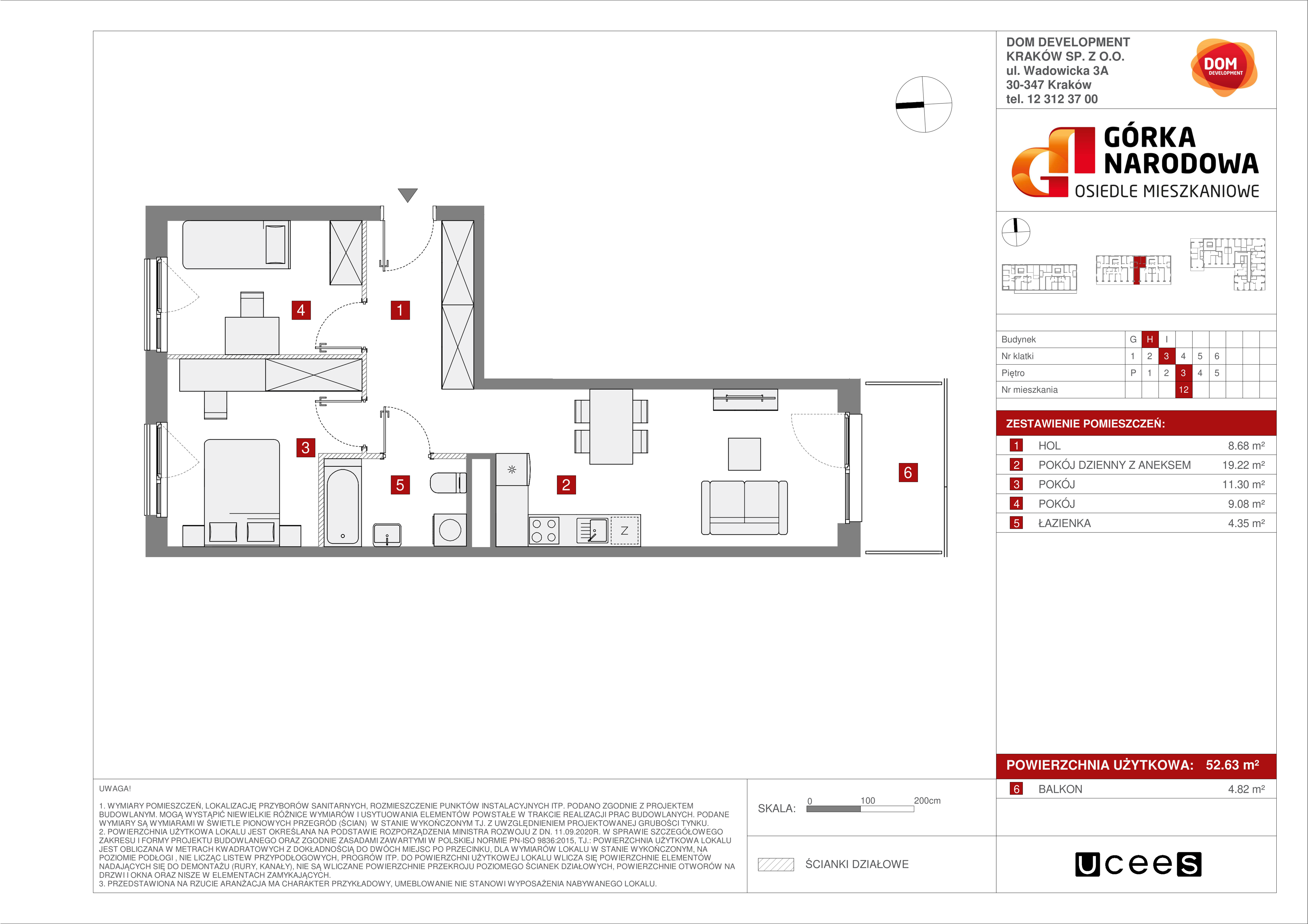 Mieszkanie 52,63 m², piętro 3, oferta nr H/12, Osiedle Górka Narodowa, Kraków, Prądnik Biały, Górka Narodowa, ul. Andrzeja Zauchy-idx