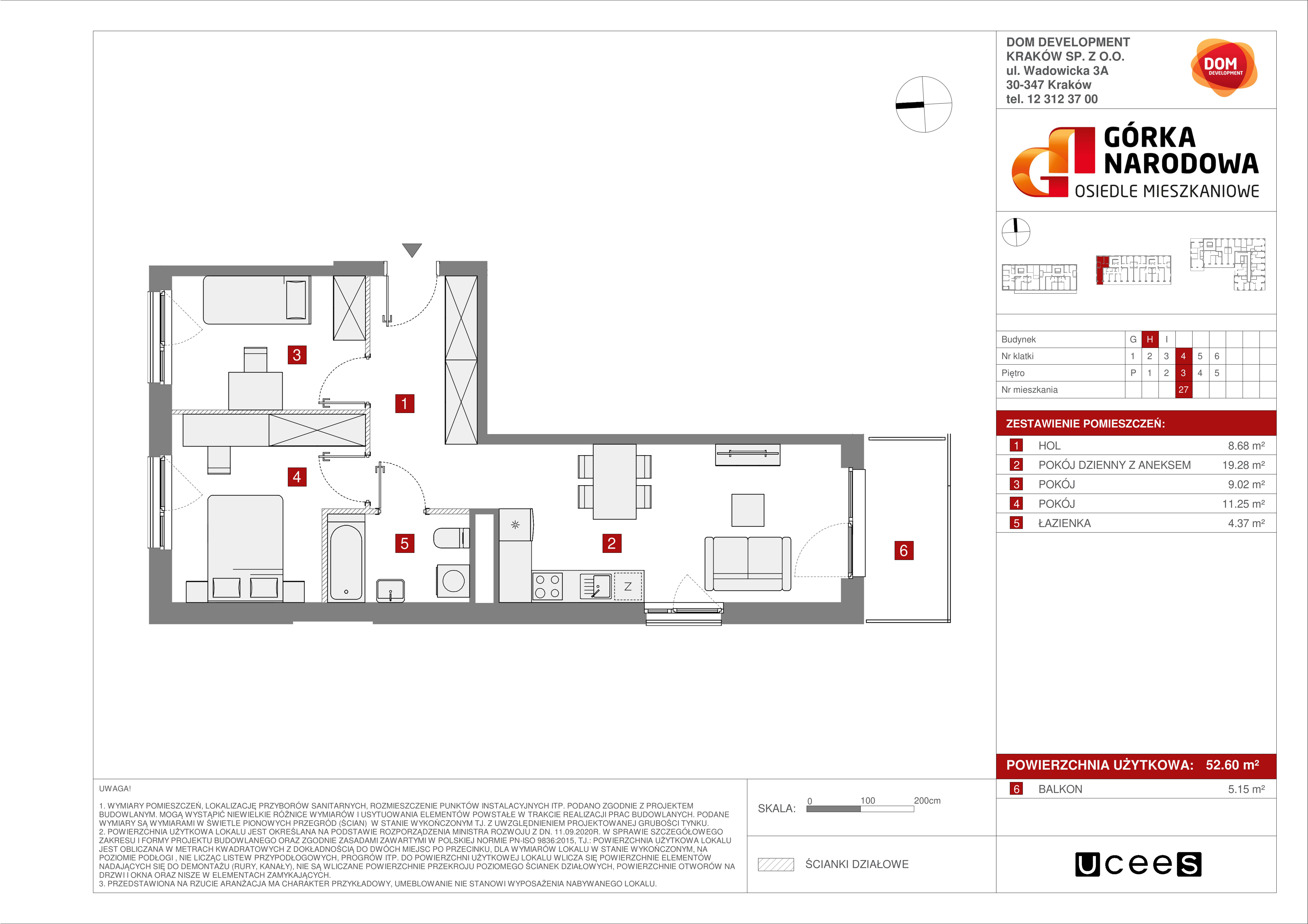 Mieszkanie 52,60 m², piętro 3, oferta nr H/27, Osiedle Górka Narodowa, Kraków, Prądnik Biały, Górka Narodowa, ul. Andrzeja Zauchy-idx