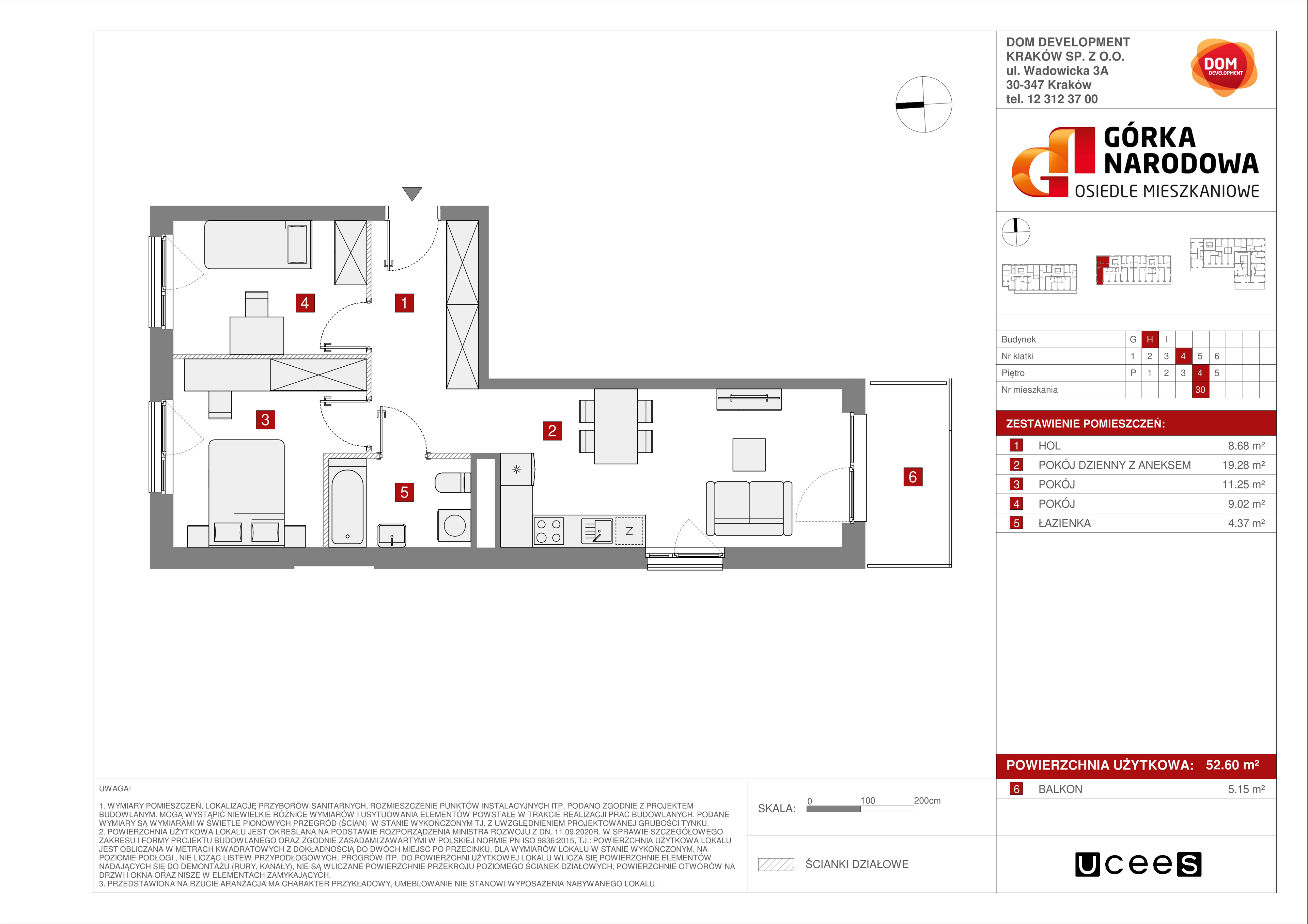 Mieszkanie 52,60 m², piętro 4, oferta nr H/30, Osiedle Górka Narodowa, Kraków, Prądnik Biały, Górka Narodowa, ul. Andrzeja Zauchy-idx