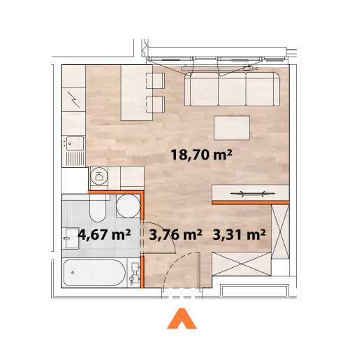 Mieszkanie 30,44 m², piętro 2, oferta nr 43/POR-A.02.06, Apartamenty Portowa, Kraków, Podgórze, Zabłocie, ul. Portowa 43-idx