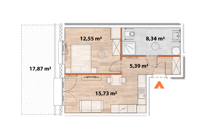 Mieszkanie 42,01 m², parter, oferta nr 43/POR-A.00.01, Apartamenty Portowa, Kraków, Podgórze, Zabłocie, ul. Portowa 43-idx