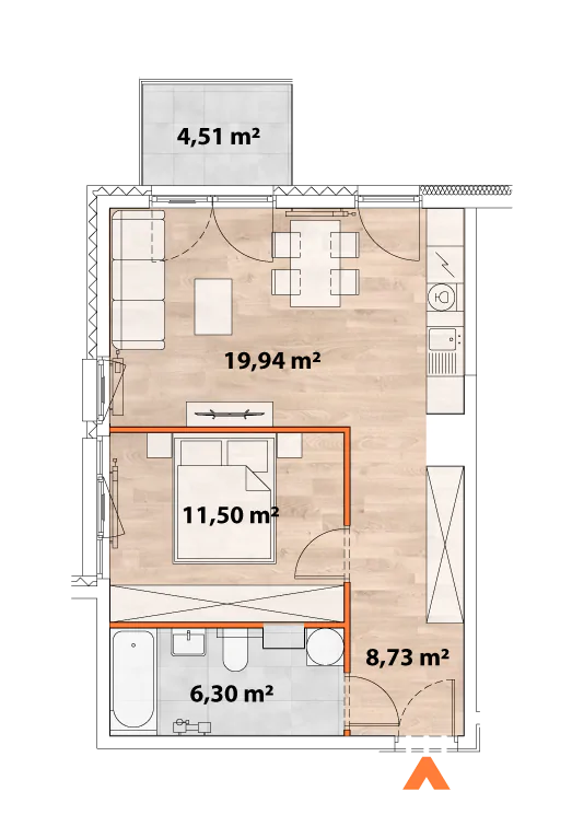 Mieszkanie 46,47 m², piętro 2, oferta nr 43/POR-B.02.03, Apartamenty Portowa, Kraków, Podgórze, Zabłocie, ul. Portowa 43-idx