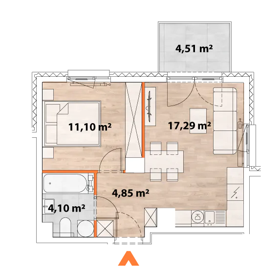 Mieszkanie 37,62 m², piętro 1, oferta nr 43/POR-C.01.02, Apartamenty Portowa, Kraków, Podgórze, Zabłocie, ul. Portowa 43-idx