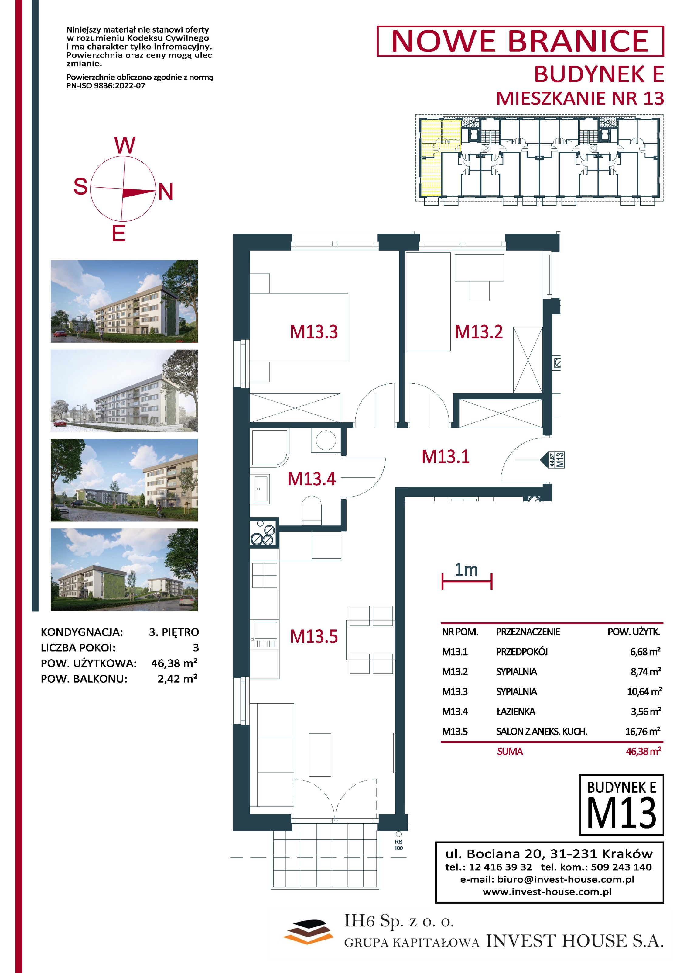 Mieszkanie 46,38 m², piętro 3, oferta nr M13, Nowe Branice – Etap I, Kraków, Nowa Huta, Branice, ul. Szymańskiego-idx