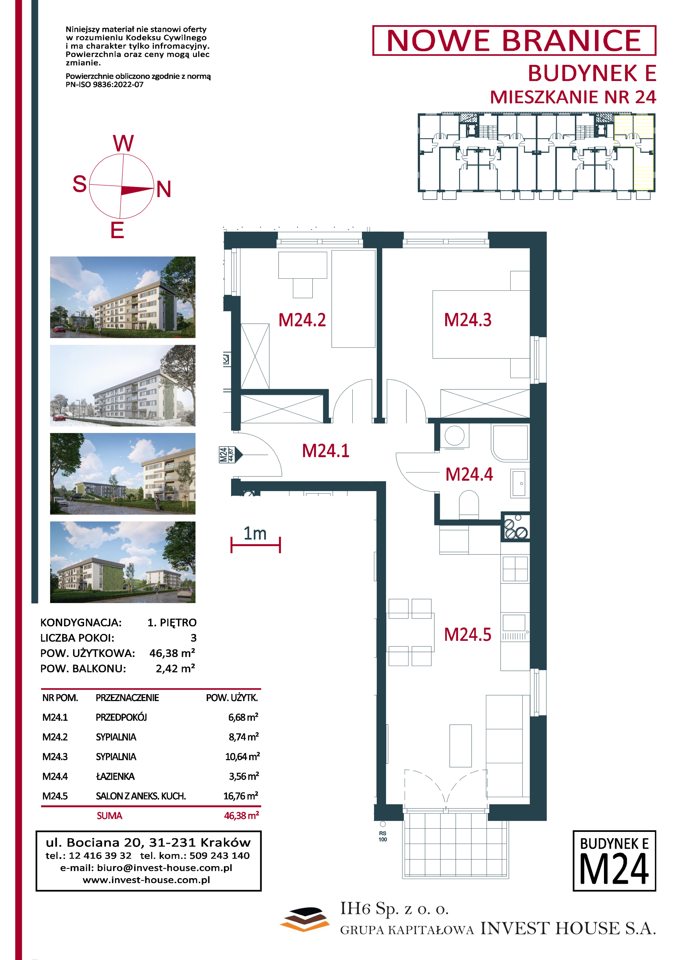 Mieszkanie 46,38 m², piętro 1, oferta nr M24, Nowe Branice – Etap I, Kraków, Nowa Huta, Branice, ul. Szymańskiego-idx