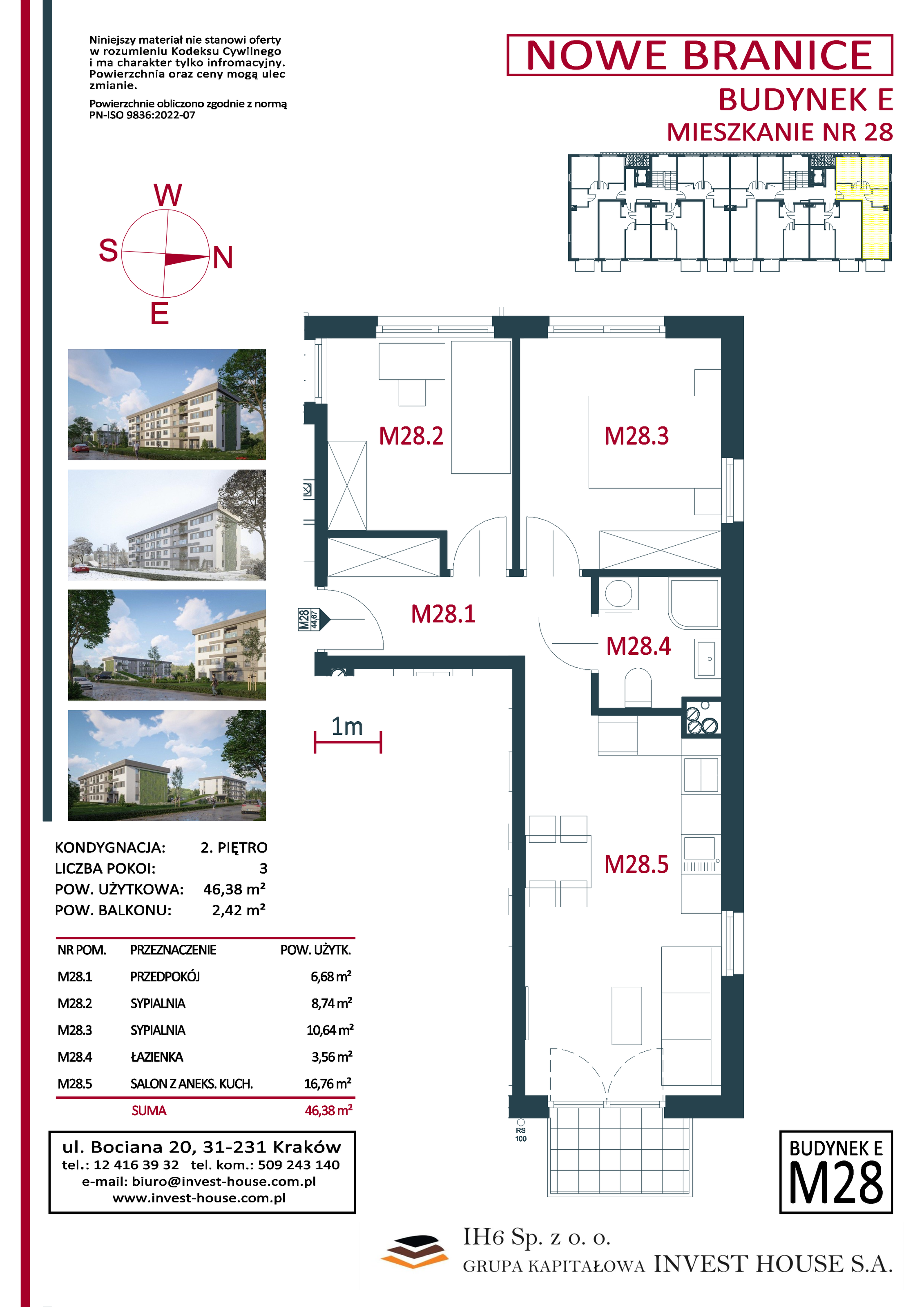 Mieszkanie 46,38 m², piętro 2, oferta nr M28, Nowe Branice – Etap I, Kraków, Nowa Huta, Branice, ul. Szymańskiego-idx