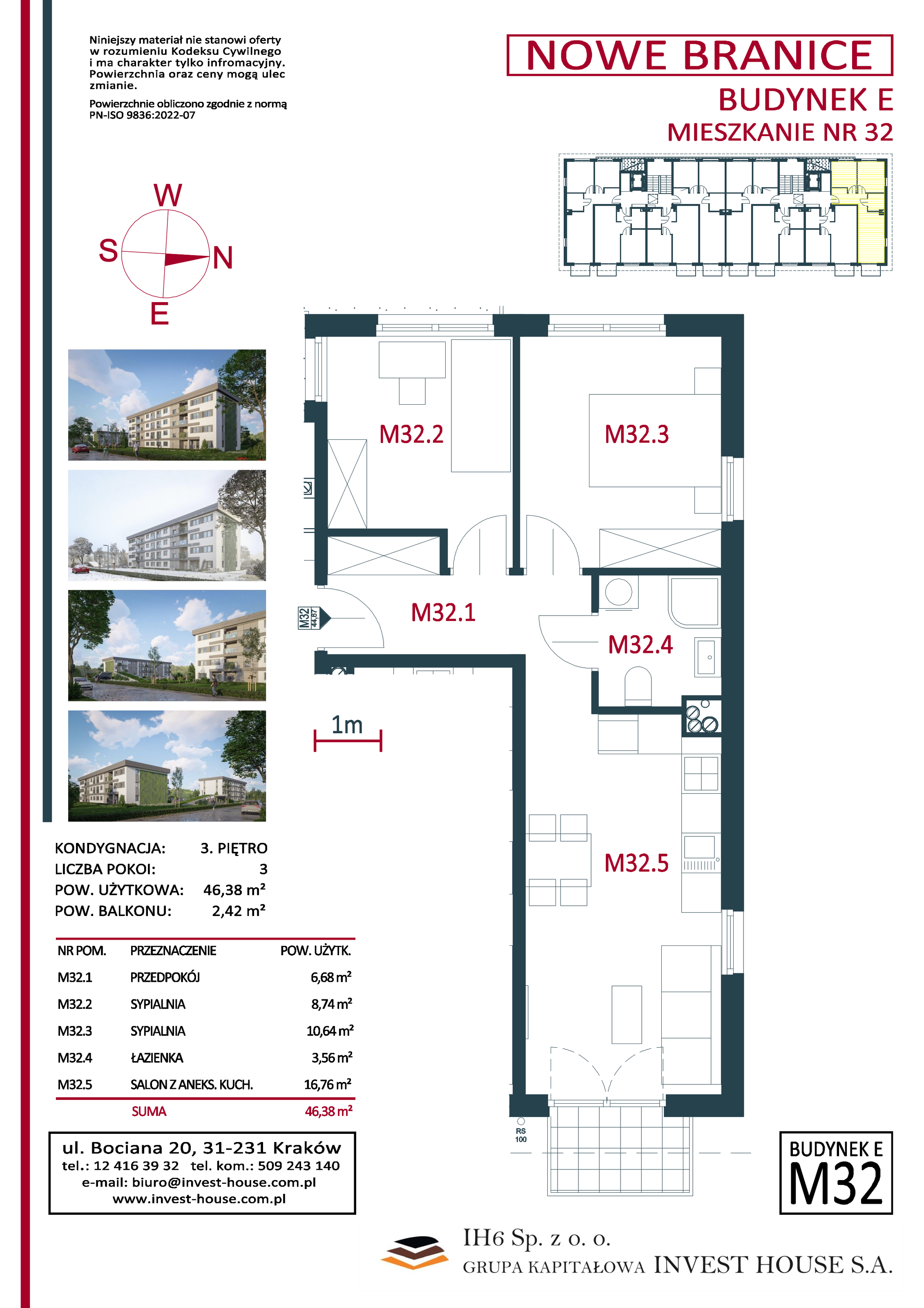 Mieszkanie 46,38 m², piętro 3, oferta nr M32, Nowe Branice – Etap I, Kraków, Nowa Huta, Branice, ul. Szymańskiego-idx