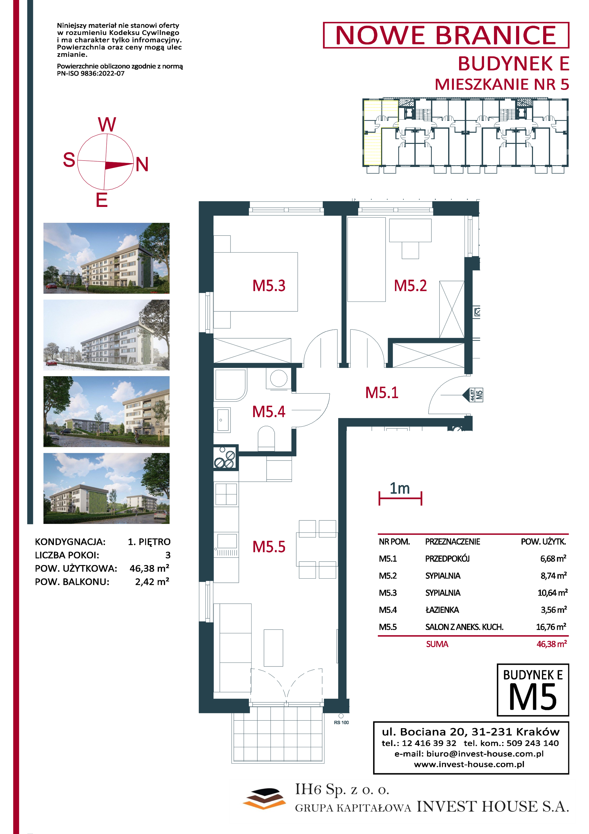 Mieszkanie 46,38 m², piętro 1, oferta nr M5, Nowe Branice – Etap I, Kraków, Nowa Huta, Branice, ul. Szymańskiego-idx