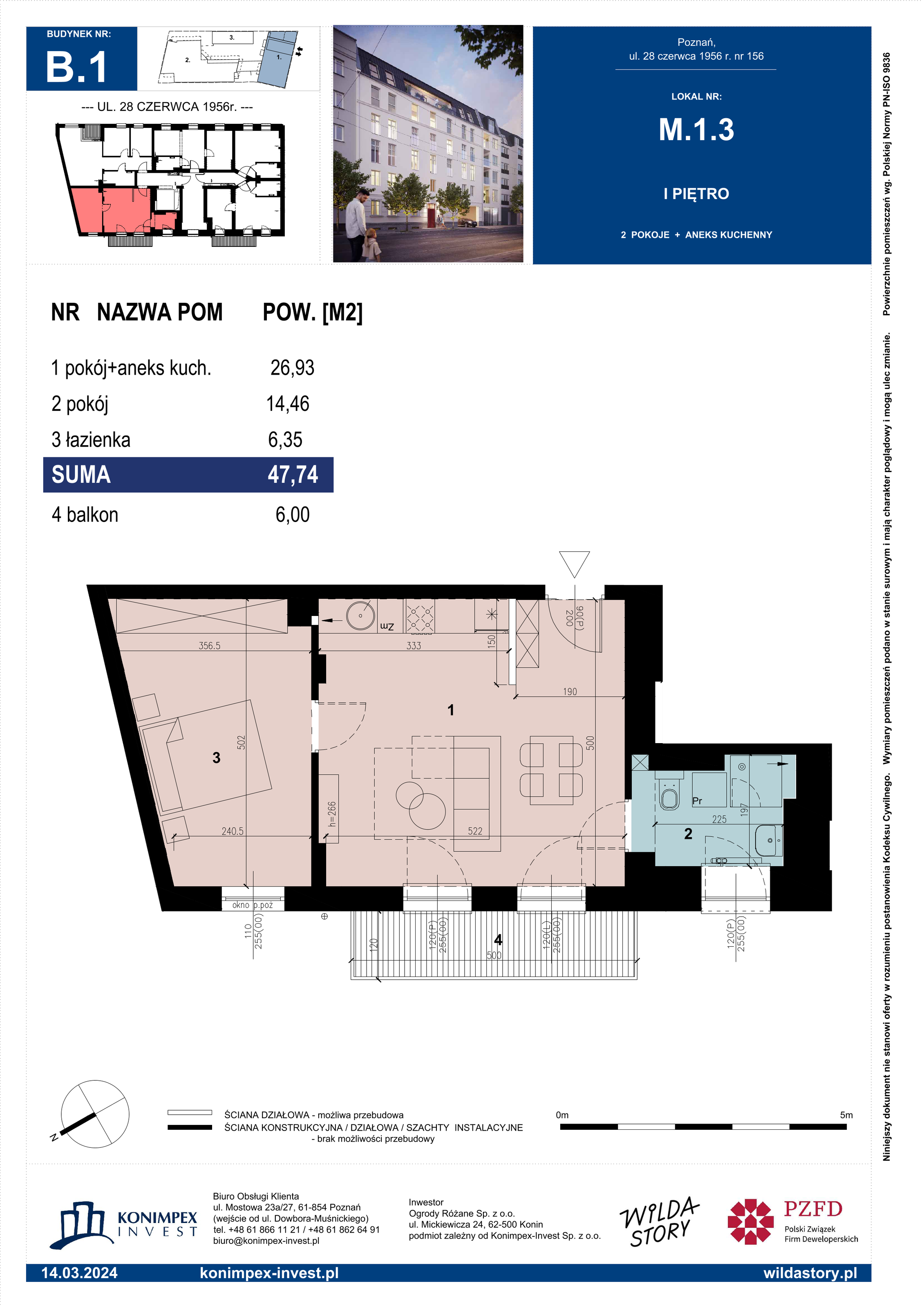 Apartament 47,74 m², piętro 1, oferta nr B1/M/1/3, Wilda Story, Poznań, Wilda, Wilda, ul. 28 Czerwca 1956 r. 156-idx