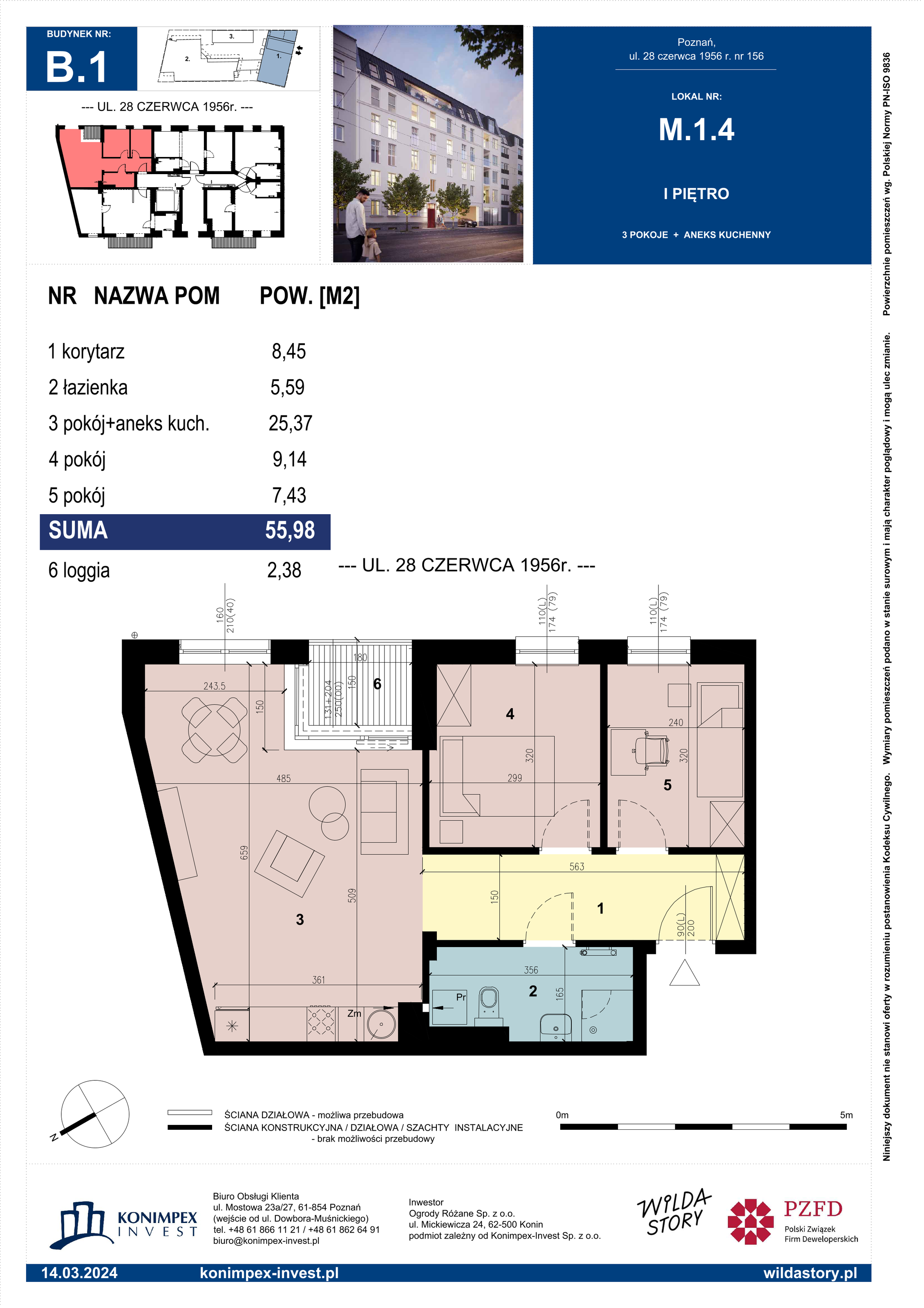 Mieszkanie 55,98 m², piętro 1, oferta nr B1/M/1/4, Wilda Story, Poznań, Wilda, Wilda, ul. 28 Czerwca 1956 r. 156-idx