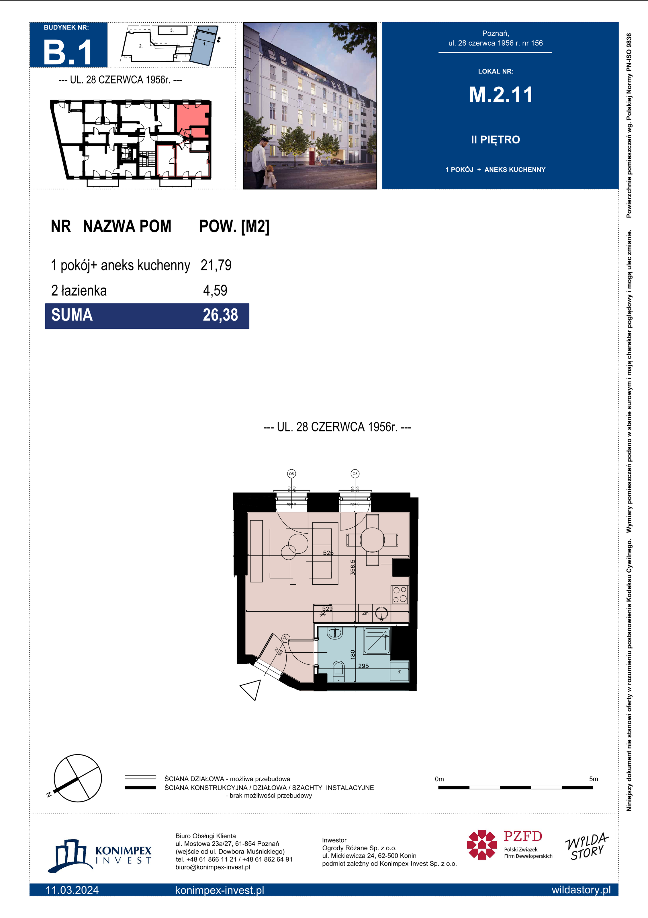 Apartament 26,38 m², piętro 2, oferta nr B1/M/2/11, Wilda Story, Poznań, Wilda, Wilda, ul. 28 Czerwca 1956 r. 156-idx