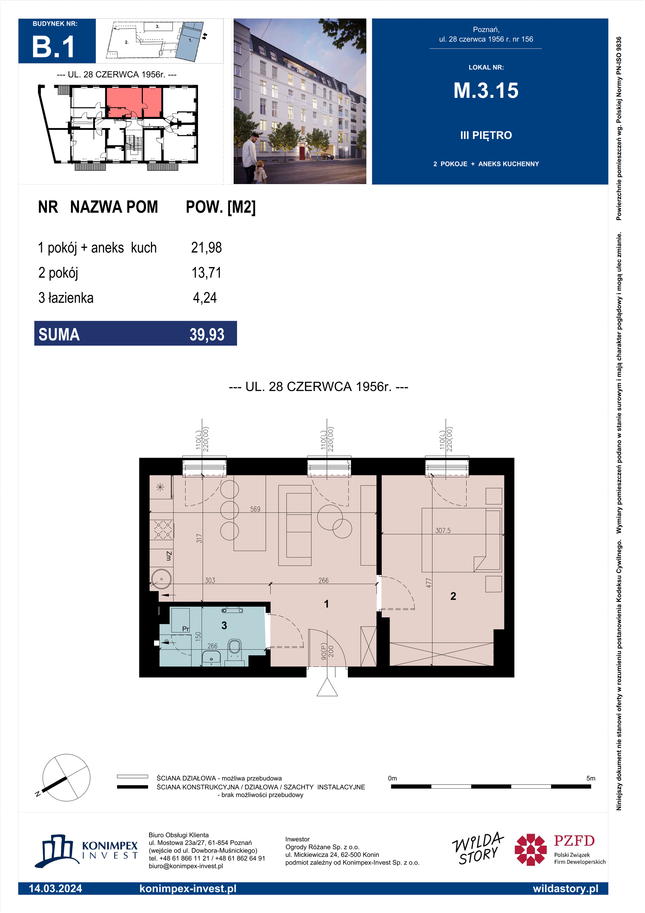 Apartament 39,93 m², piętro 3, oferta nr B1/M/3/15, Wilda Story, Poznań, Wilda, Wilda, ul. 28 Czerwca 1956 r. 156-idx