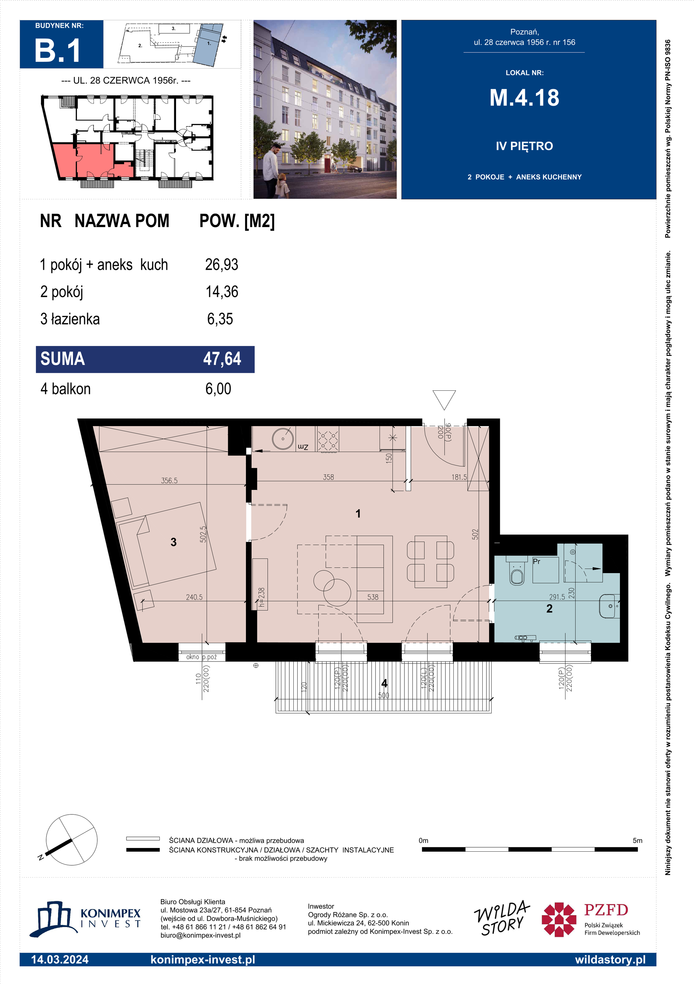 Mieszkanie 47,64 m², piętro 4, oferta nr B1/M/4/18, Wilda Story, Poznań, Wilda, Wilda, ul. 28 Czerwca 1956 r. 156-idx