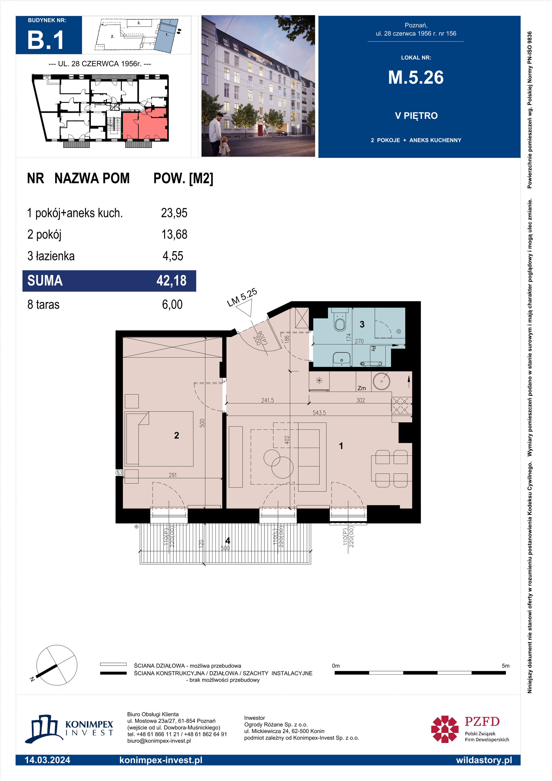 Mieszkanie 42,18 m², piętro 5, oferta nr B1/M/5/26, Wilda Story, Poznań, Wilda, Wilda, ul. 28 Czerwca 1956 r. 156-idx