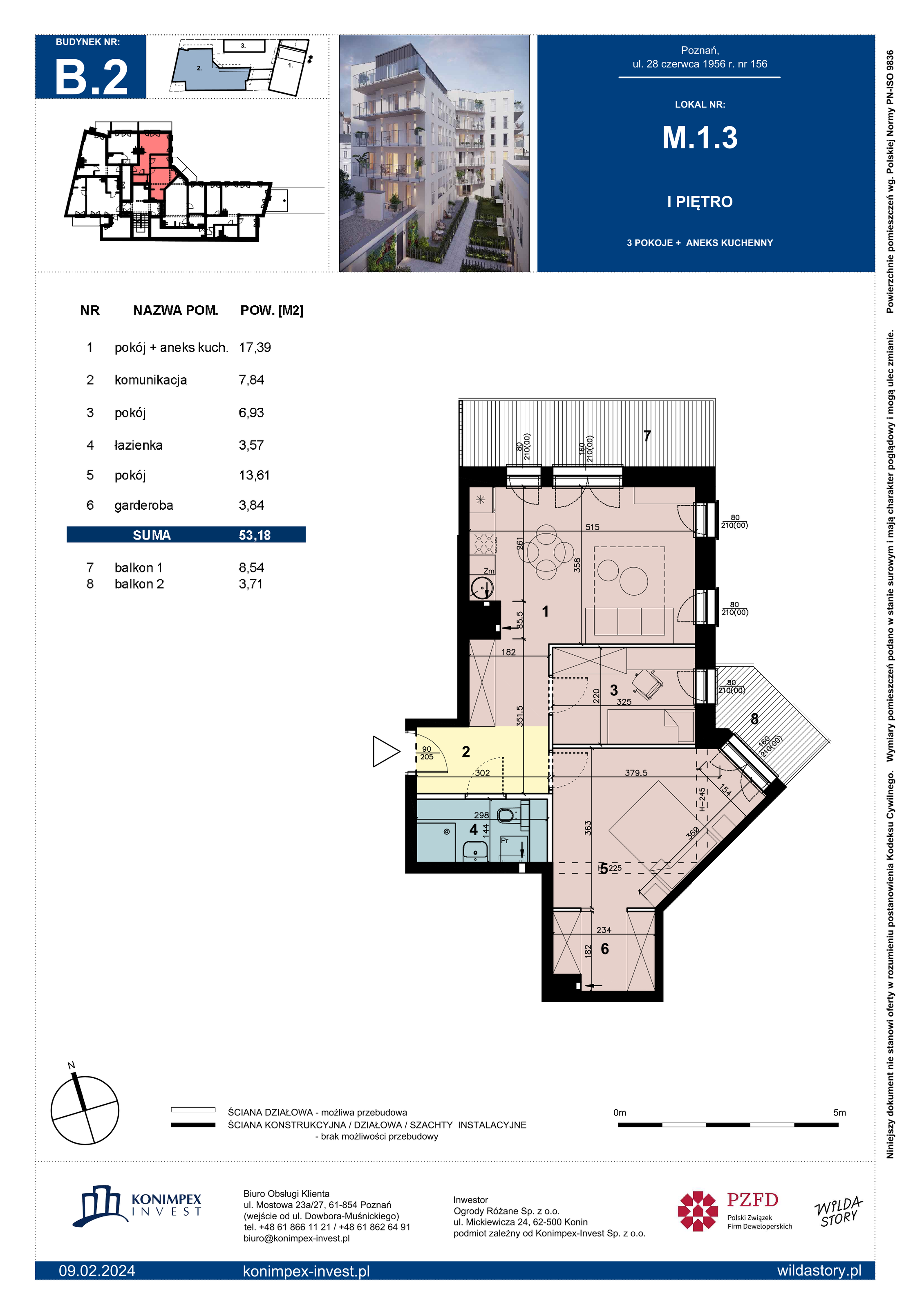 Mieszkanie 53,18 m², piętro 1, oferta nr B2/M/1/3, Wilda Story, Poznań, Wilda, Wilda, ul. 28 Czerwca 1956 r. 156-idx