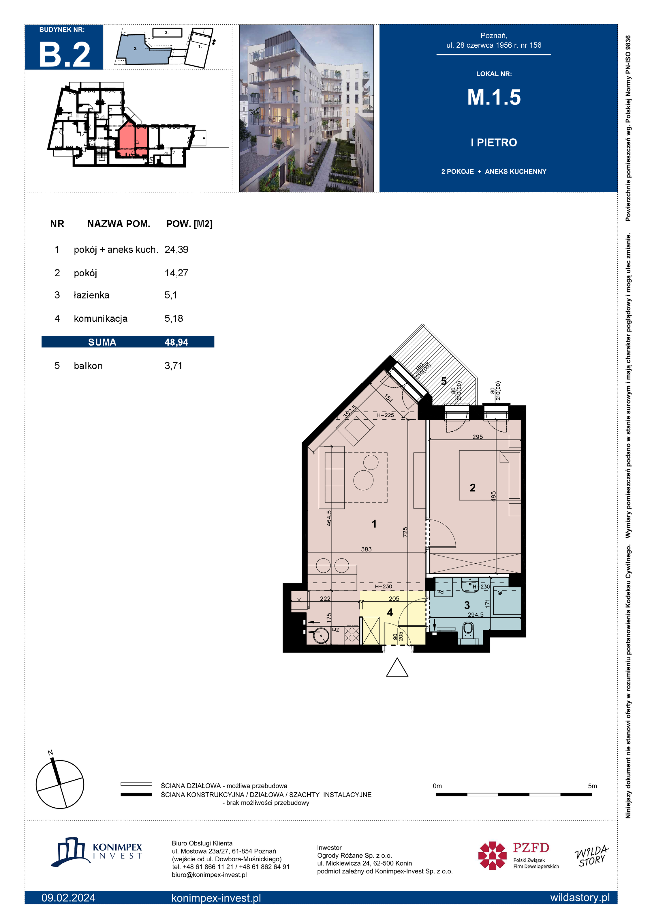 Apartament 48,94 m², piętro 1, oferta nr B2/M/1/5, Wilda Story, Poznań, Wilda, Wilda, ul. 28 Czerwca 1956 r. 156-idx