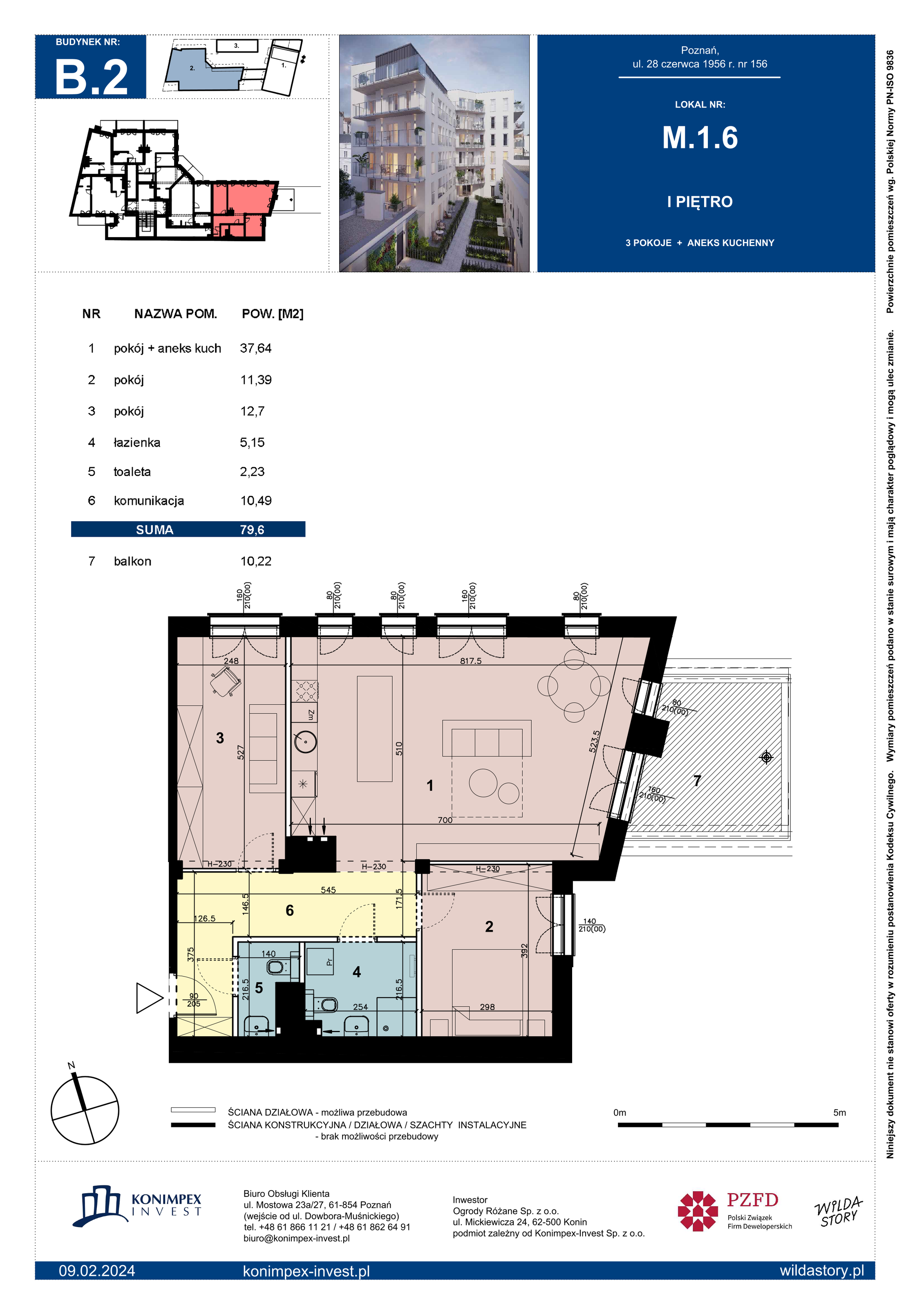 Mieszkanie 79,60 m², piętro 1, oferta nr B2/M/1/6, Wilda Story, Poznań, Wilda, Wilda, ul. 28 Czerwca 1956 r. 156-idx